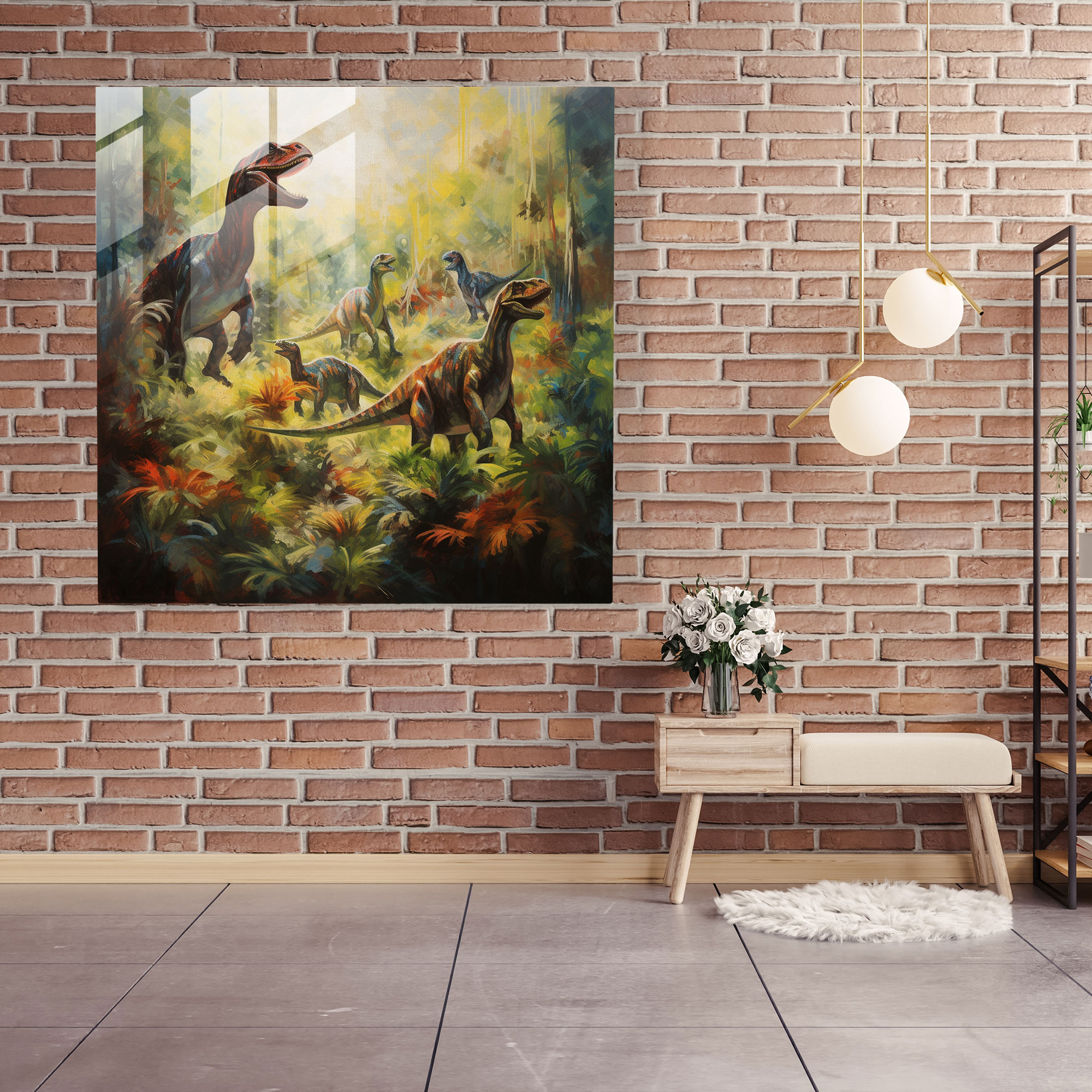 Lebendige Pinselstriche Glasbild - Dinosaurier Wald Erkundung - Modernes Kunstwerk.