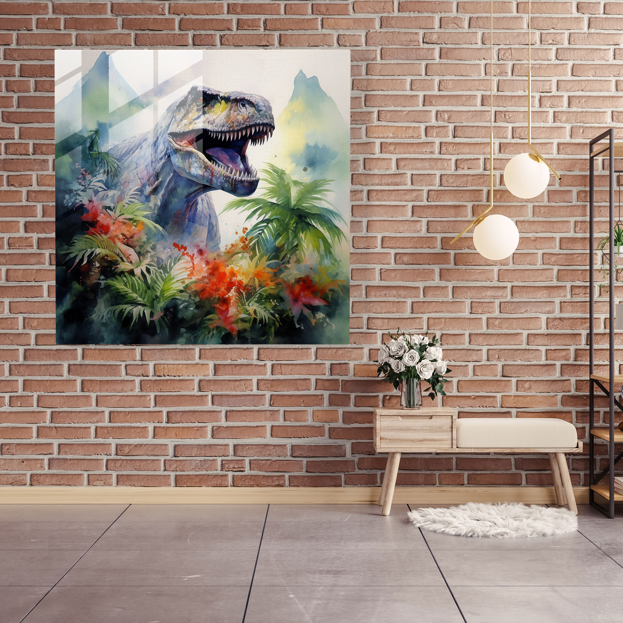 Ethereal Aquatints Glass Print - Tropical T-Rex Majesty - Glass Wall Art