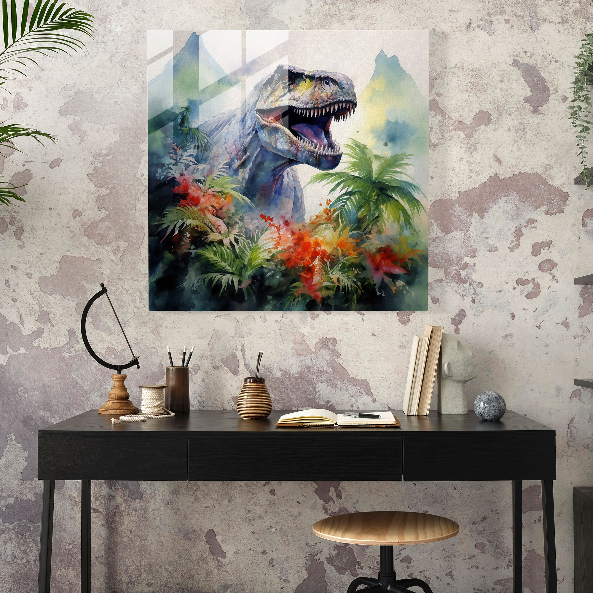 Ethereal Aquatints Glass Print - Tropical T-Rex Majesty - Glass Wall Art