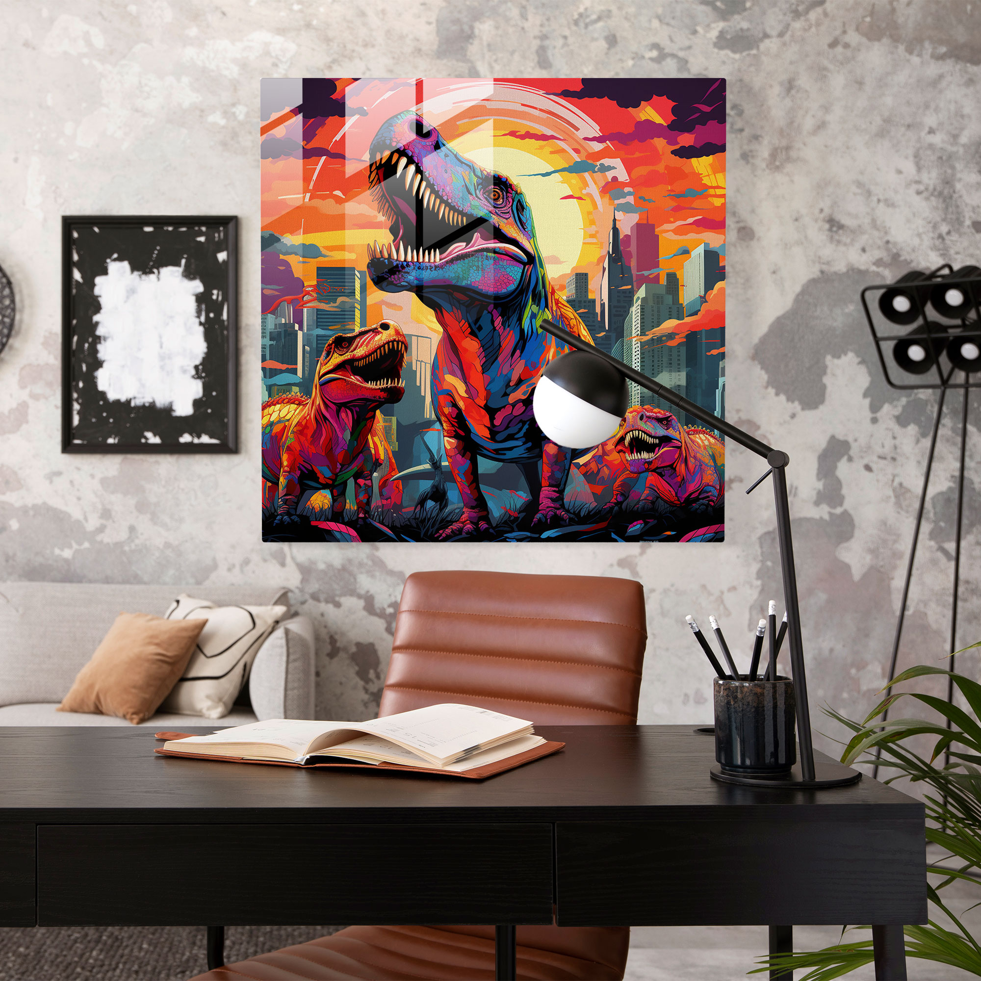 Dynamic Collage Glass Print - Radiant Dinosaur Cityscape - Glass Wall Art