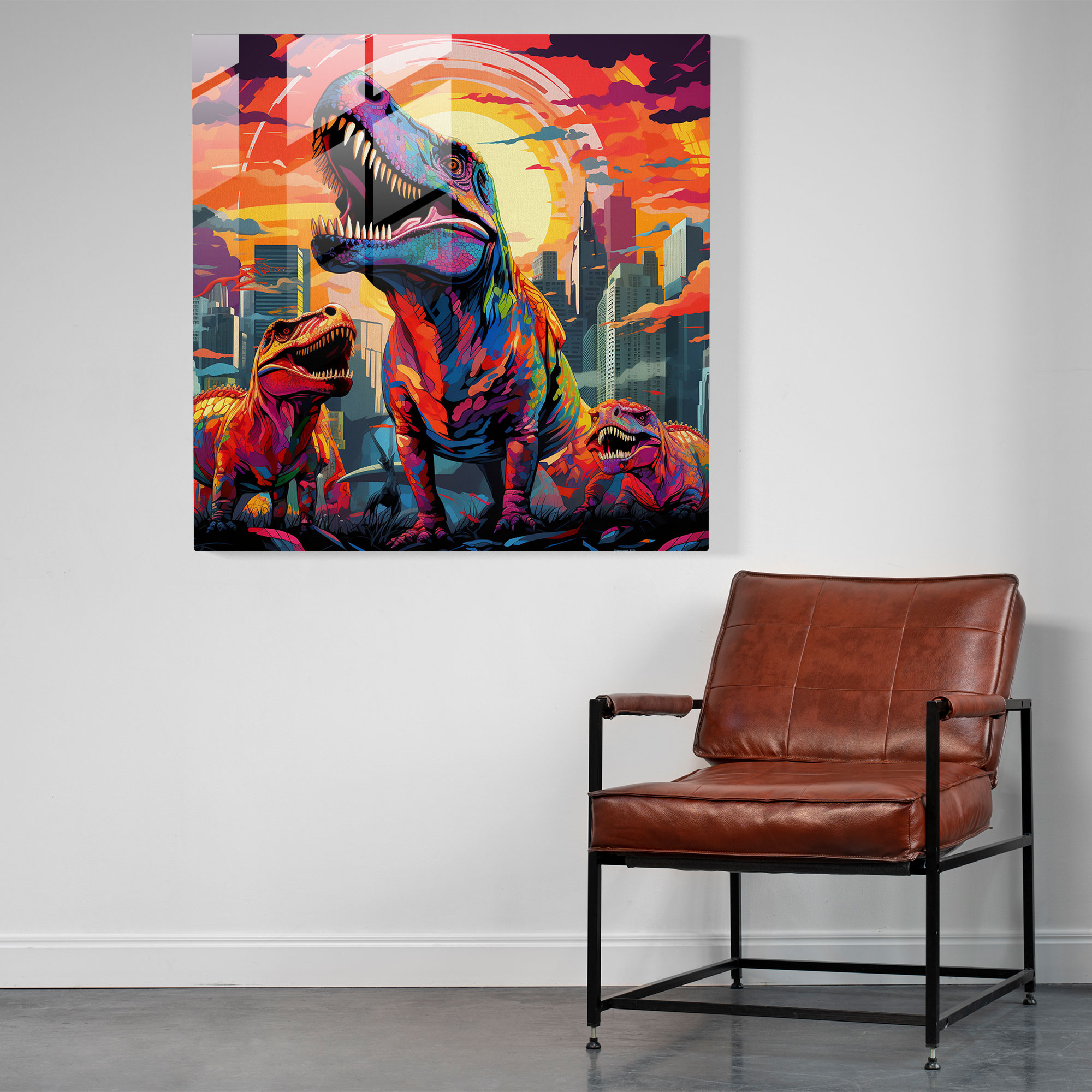 Dynamic Collage Glass Print - Radiant Dinosaur Cityscape - Glass Wall Art