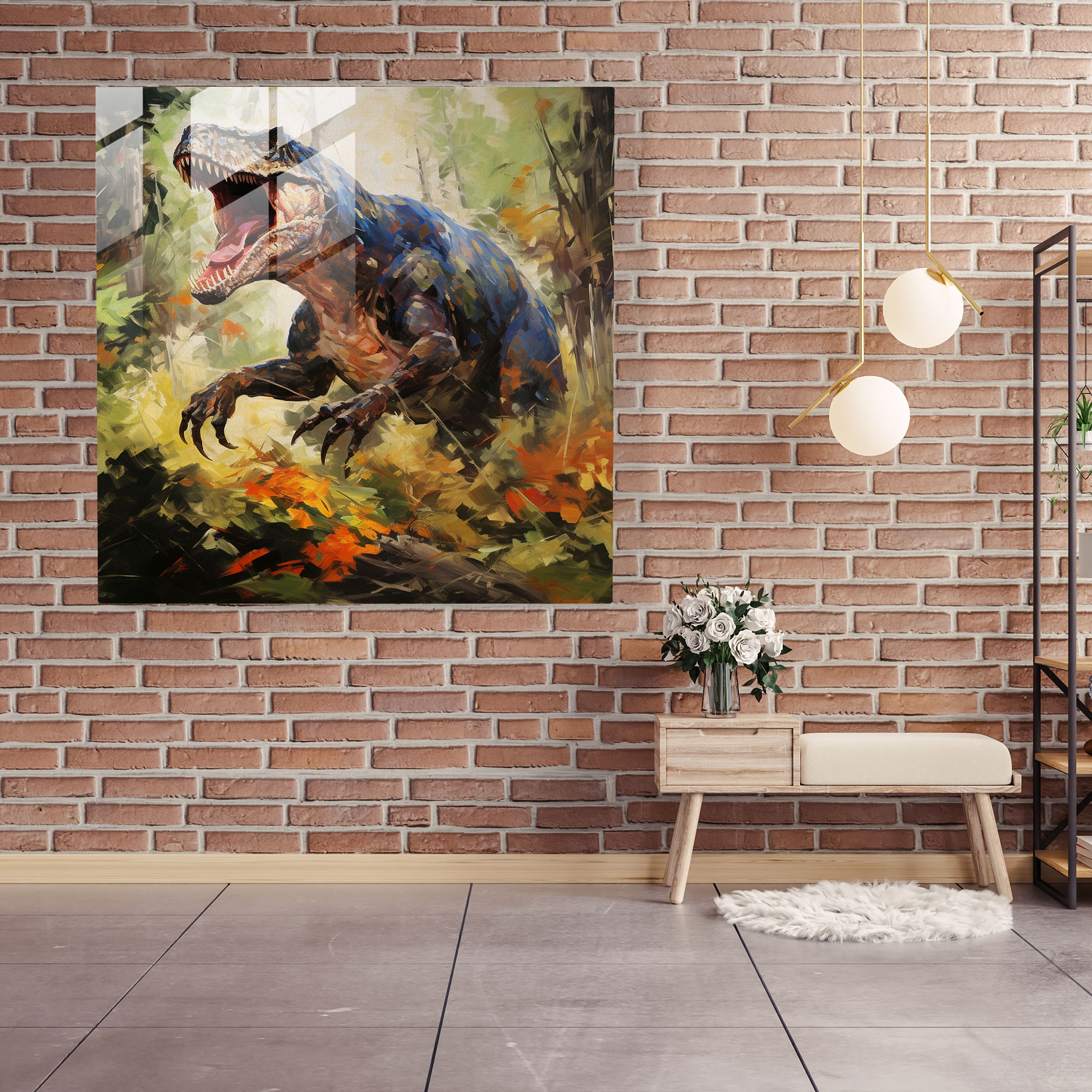 Stunning Impressionist Glass Print of Majestic T-Rex in Forest - Modern Artwork