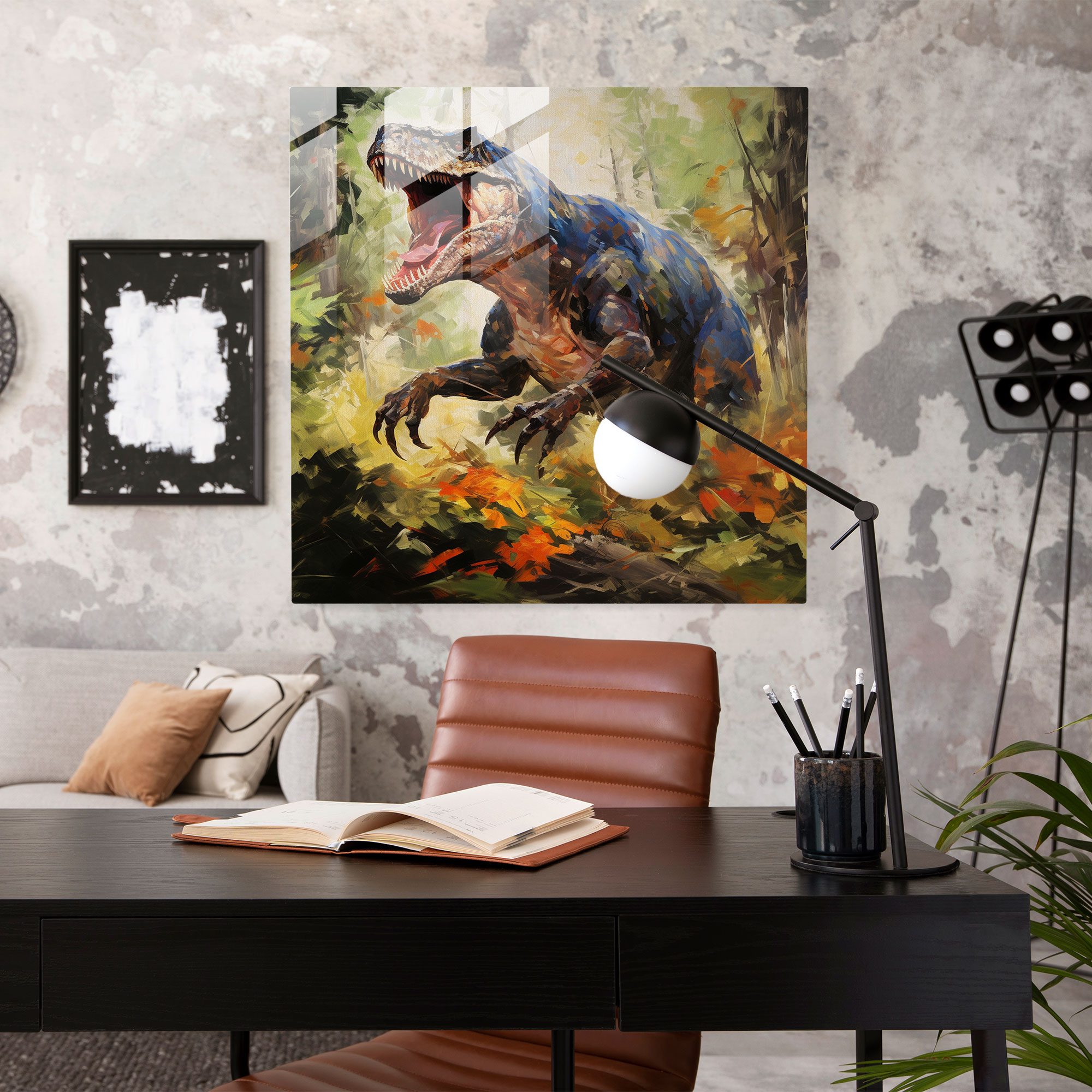 Stunning Impressionist Glass Print of Majestic T-Rex in Forest - Modern Artwork