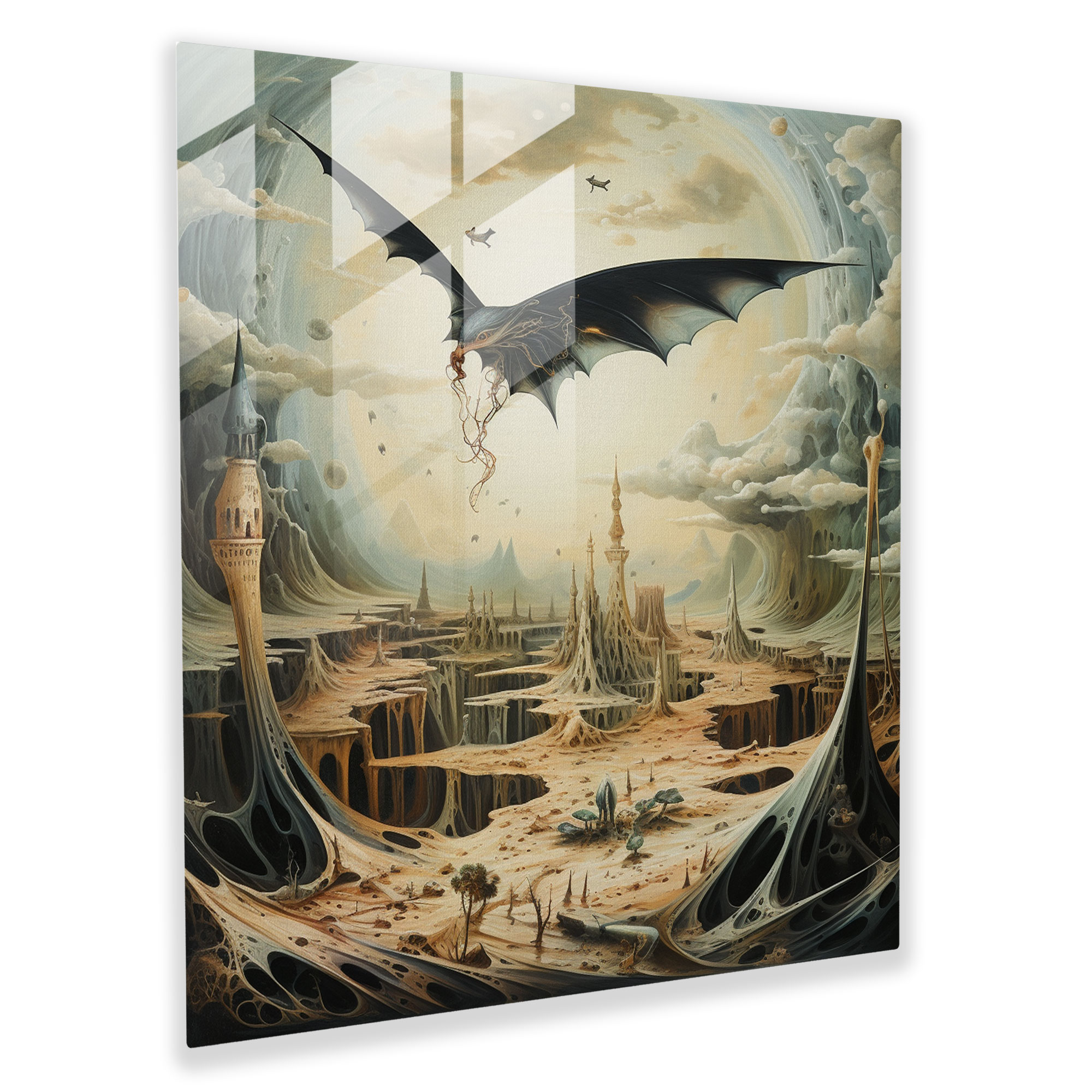 Enchanting Surrealist Glass Print of Flying Pterodactyls - Exquisite Wall Decor