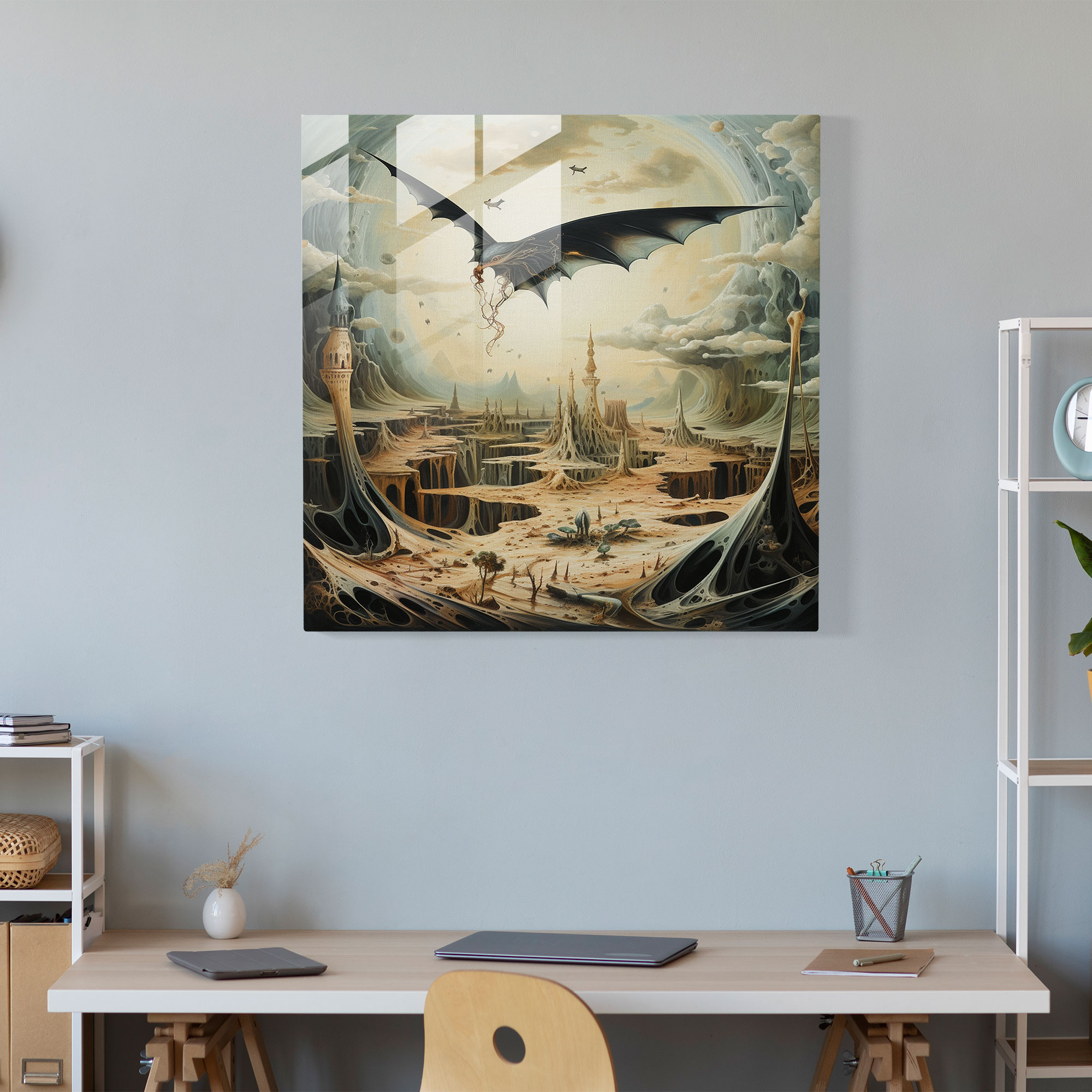 Enchanting Surrealist Glass Print of Flying Pterodactyls - Exquisite Wall Decor