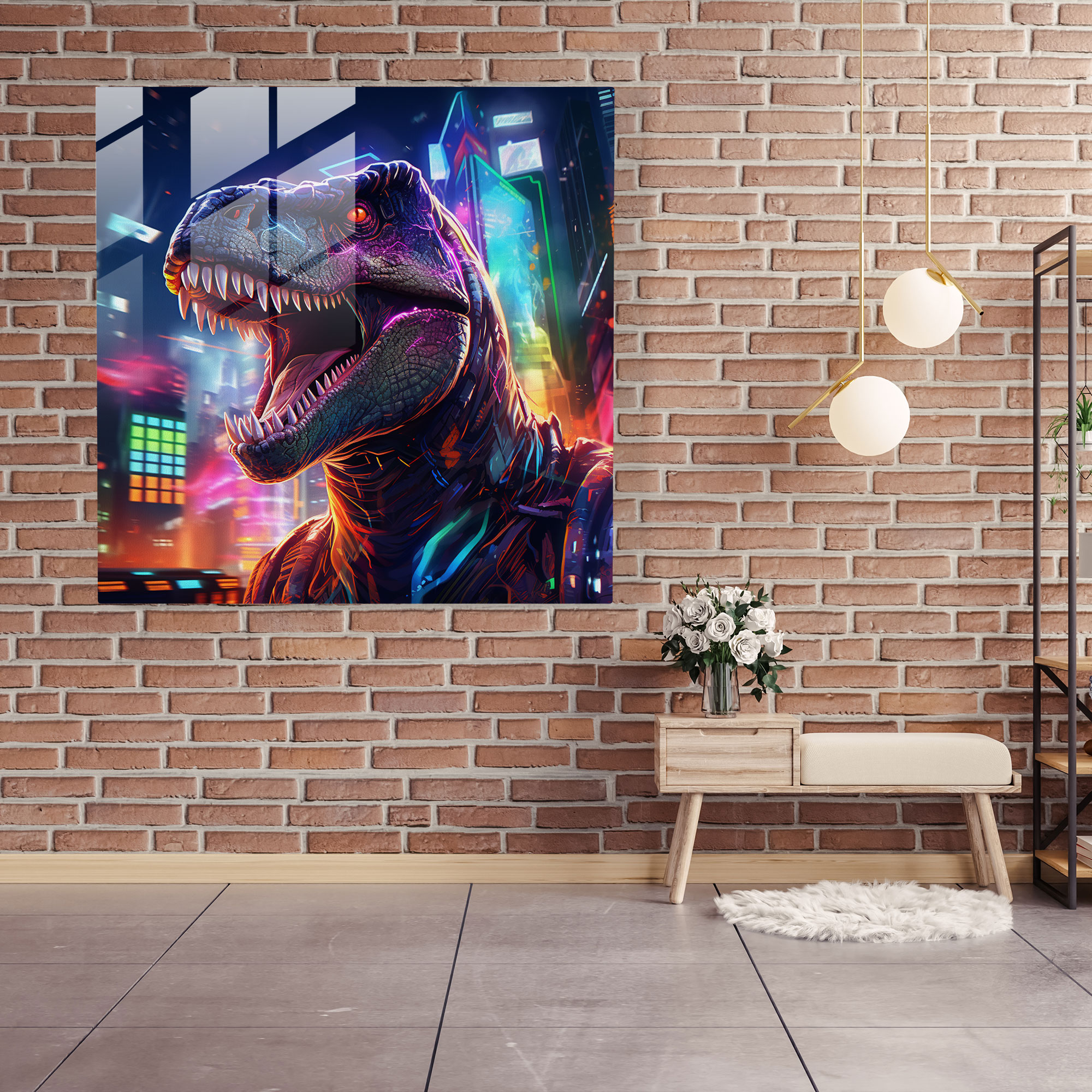 Mesmerizing Futuristic Glass Print of Robotic Dinosaur - Cutting-Edge Wall Decor
