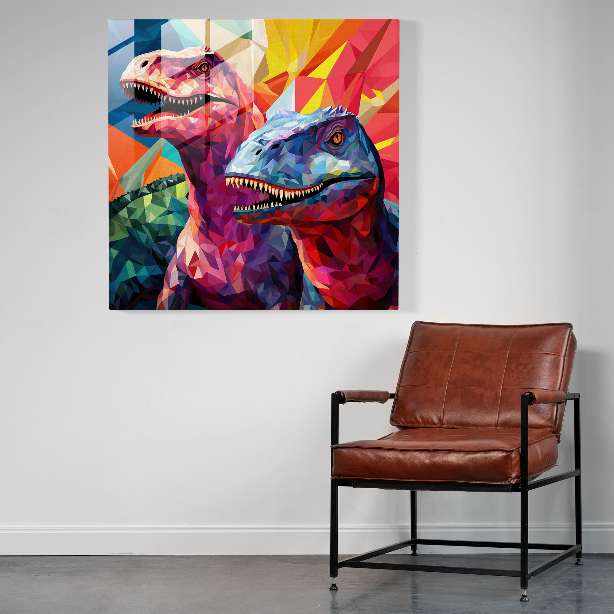 Vibrant Geometric Glass Print of Dinosaur Mosaic - Eye-Catching Wall Decoration