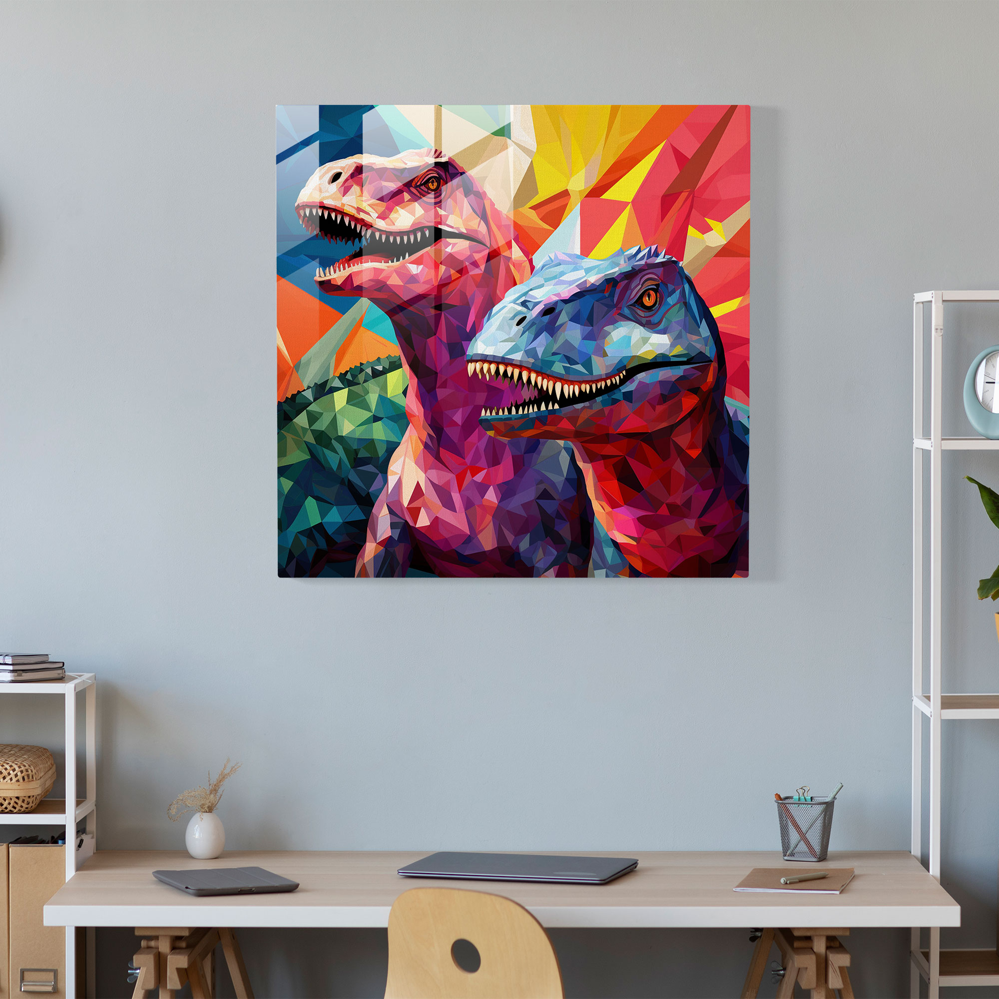 Vibrant Geometric Glass Print of Dinosaur Mosaic - Eye-Catching Wall Decoration