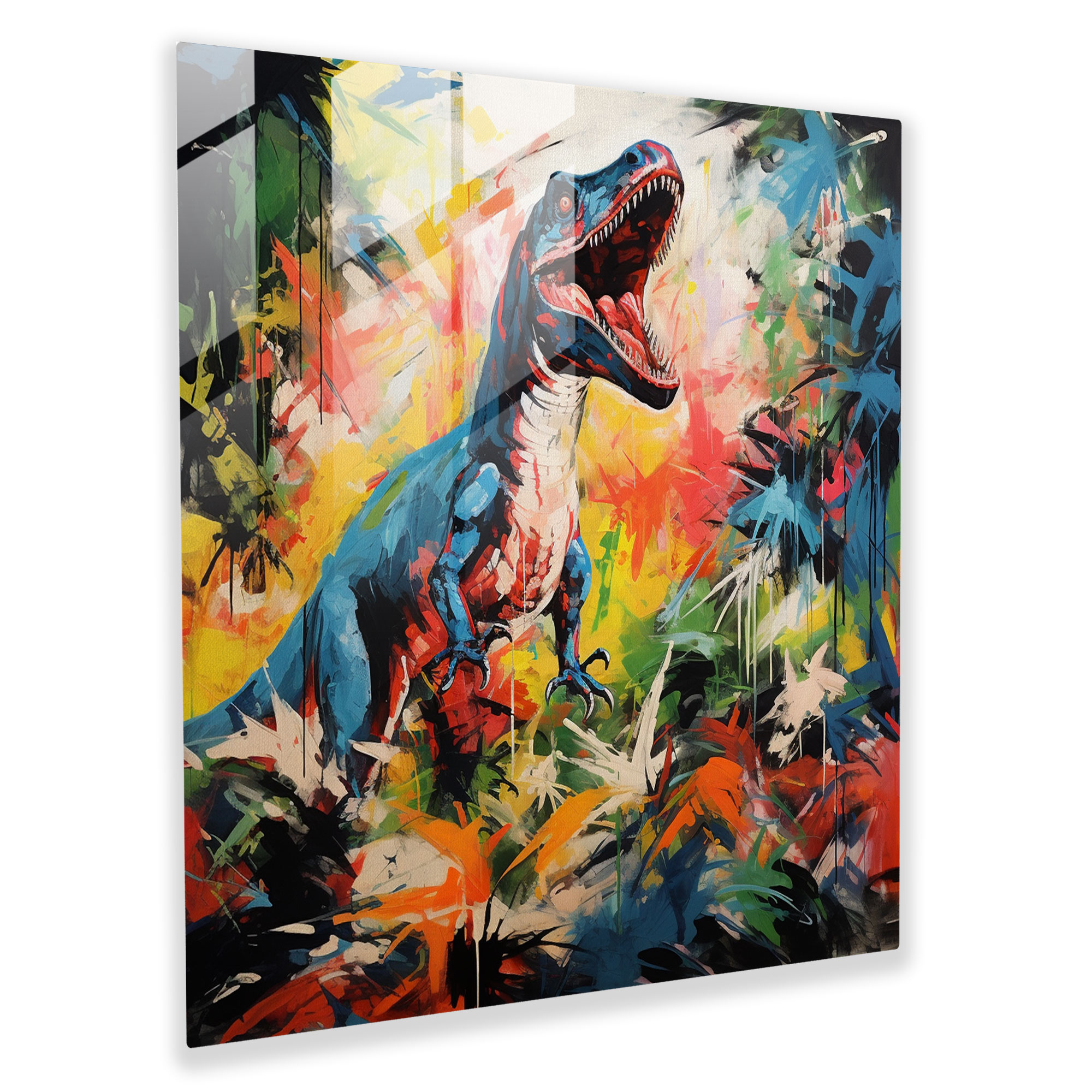 Bold Abstract Glass Print of Dinosaurs in Vibrant Jungle - Striking Home Decor