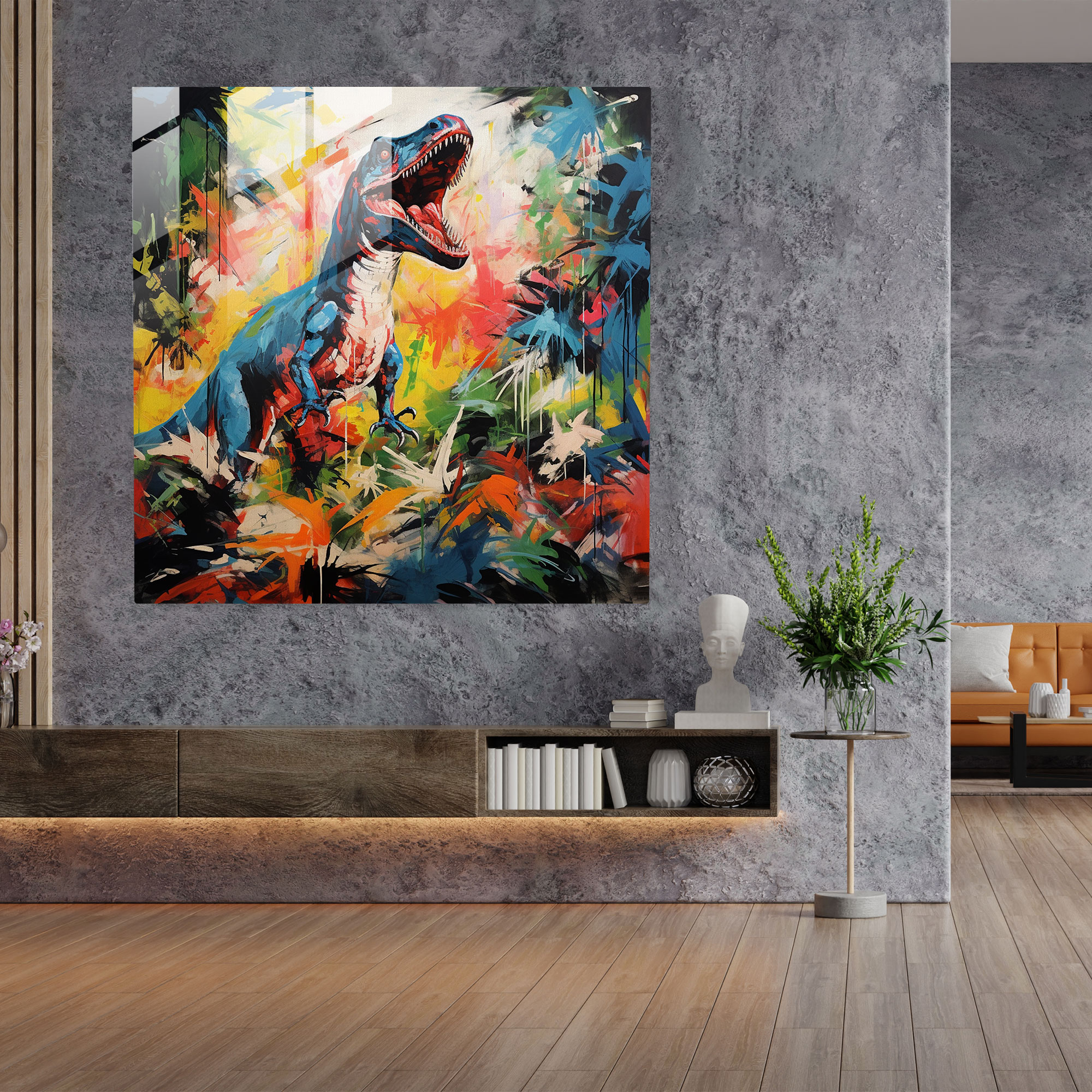 Bold Abstract Glass Print of Dinosaurs in Vibrant Jungle - Striking Home Decor