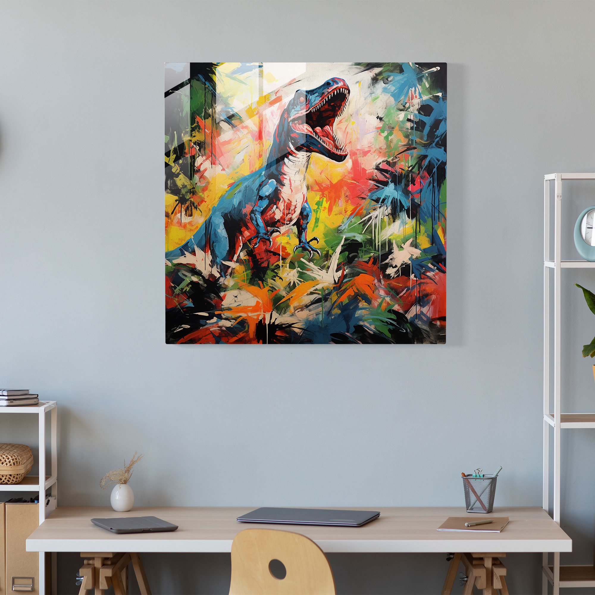 Bold Abstract Glass Print of Dinosaurs in Vibrant Jungle - Striking Home Decor