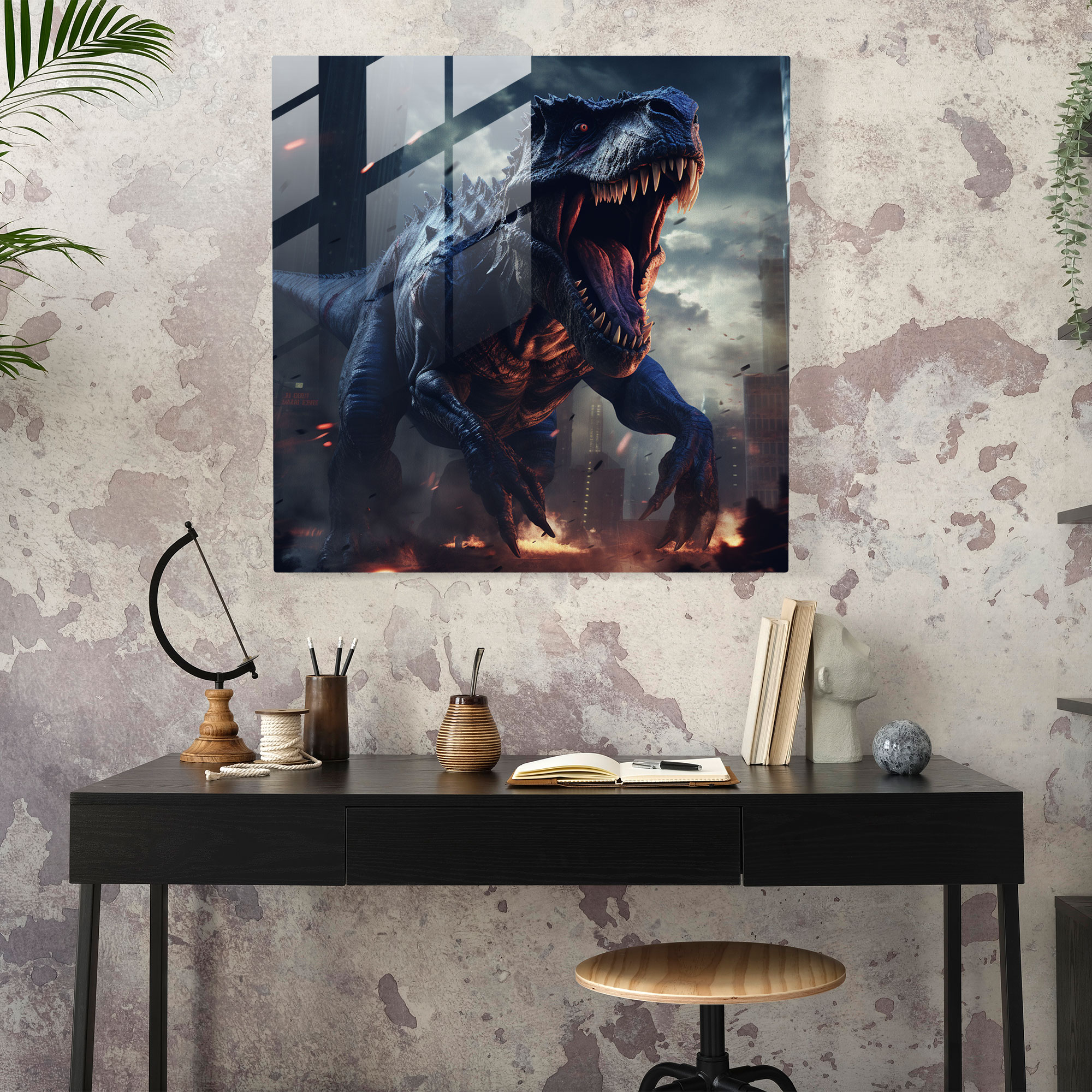 Glasbild - Wilder T-Rex in futuristischer Stadt - Beeindruckende Heimdekoration