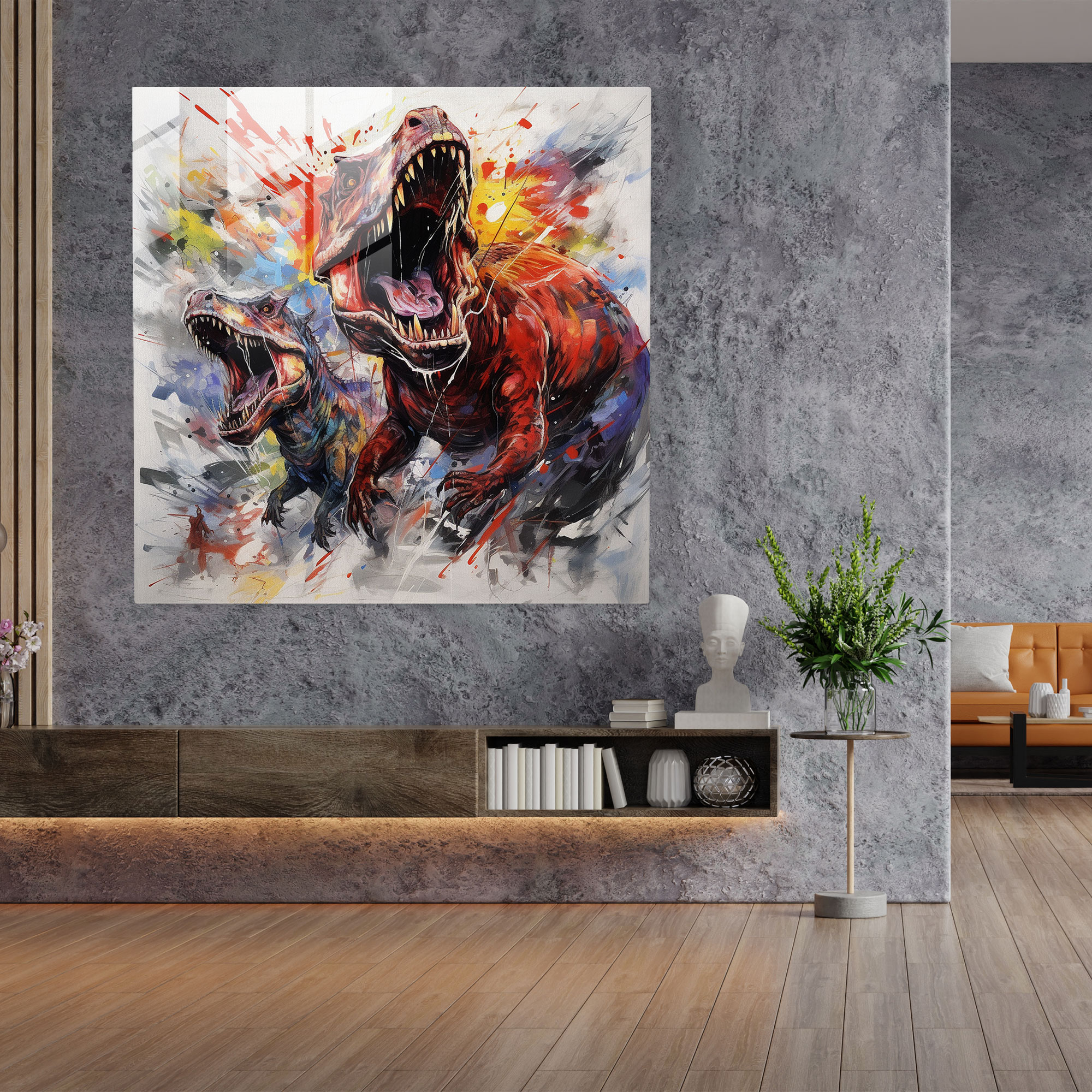 Intricate Glass Print - Dinosaurs in Motion Sketch Glass Wall Art - Artistic Home Decoration