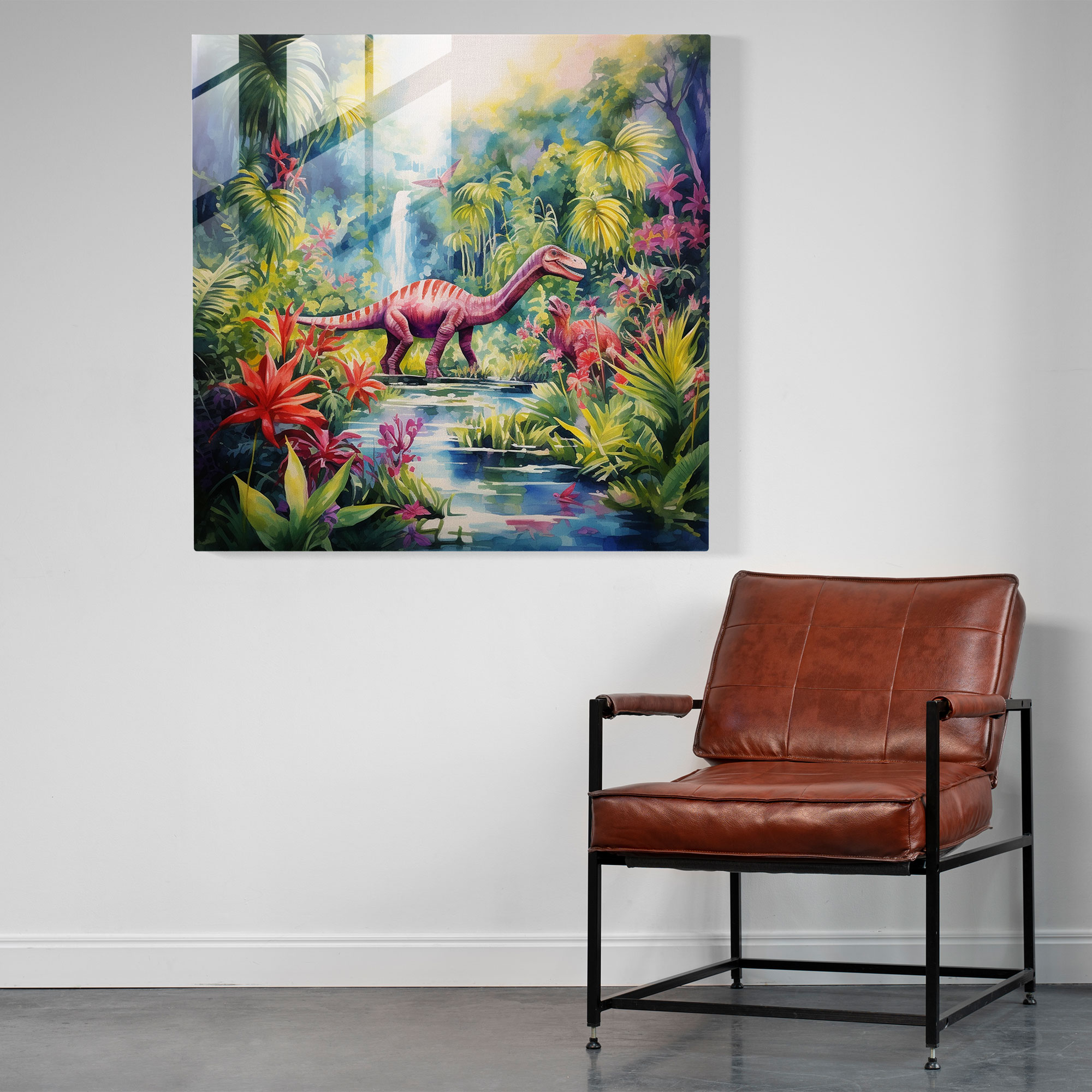 Whimsical Glass Print - Dinosaurs in Tropical Forest Glass Wall Art - Dreamy Home Decoration