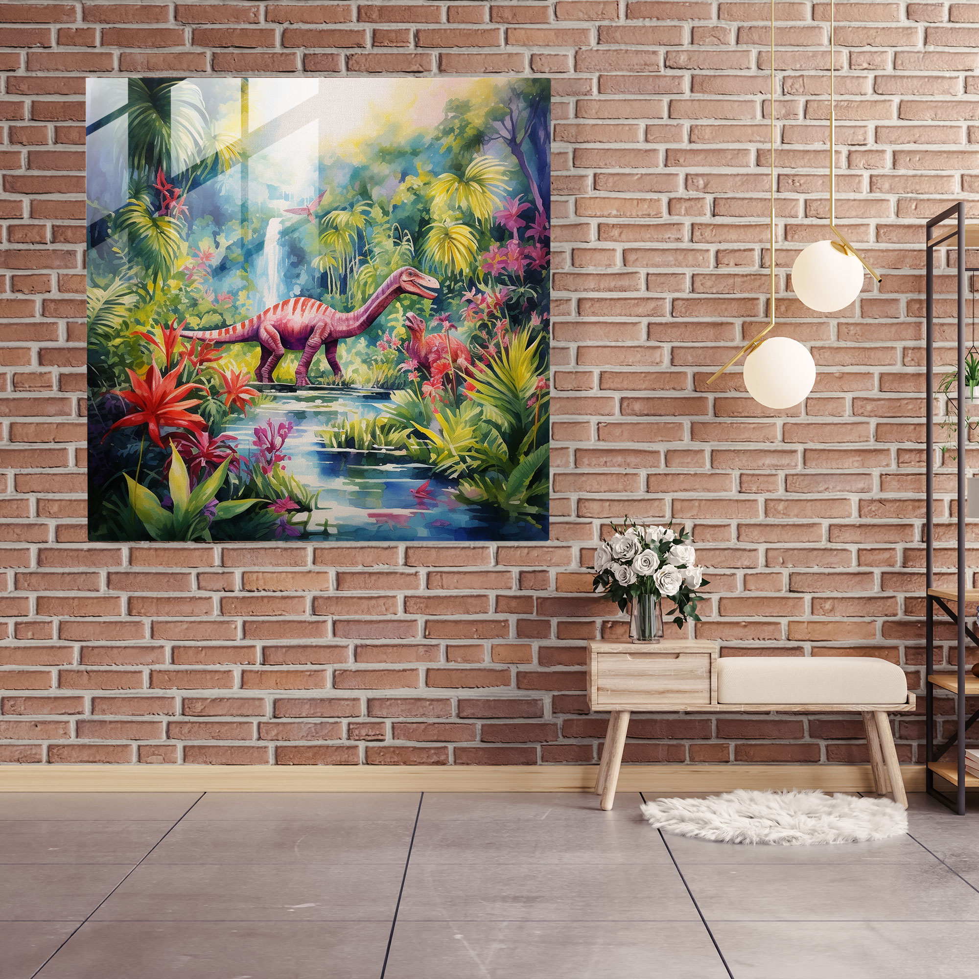 Whimsical Glass Print - Dinosaurs in Tropical Forest Glass Wall Art - Dreamy Home Decoration