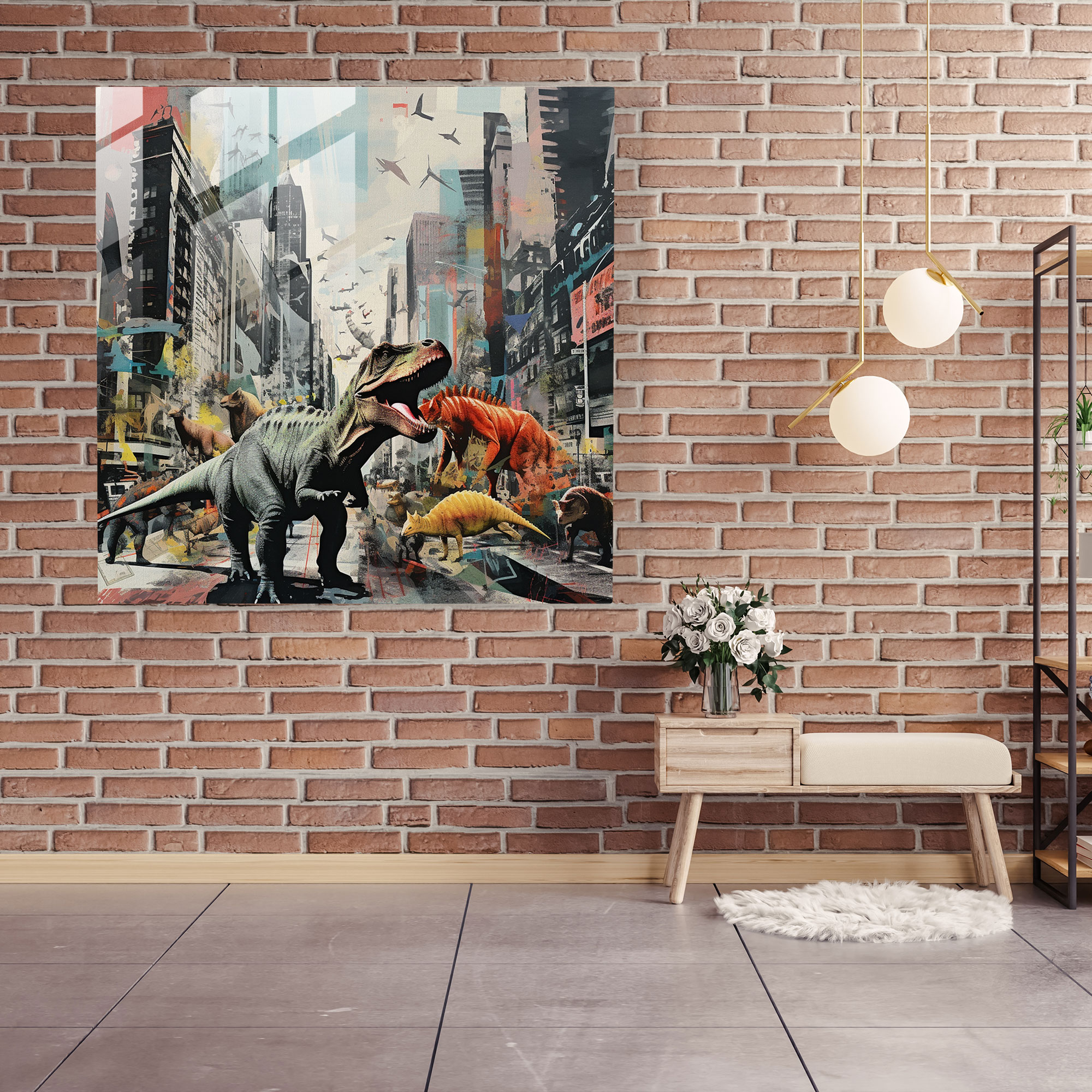 Contemporary Glass Print: Urban Dino Collage
