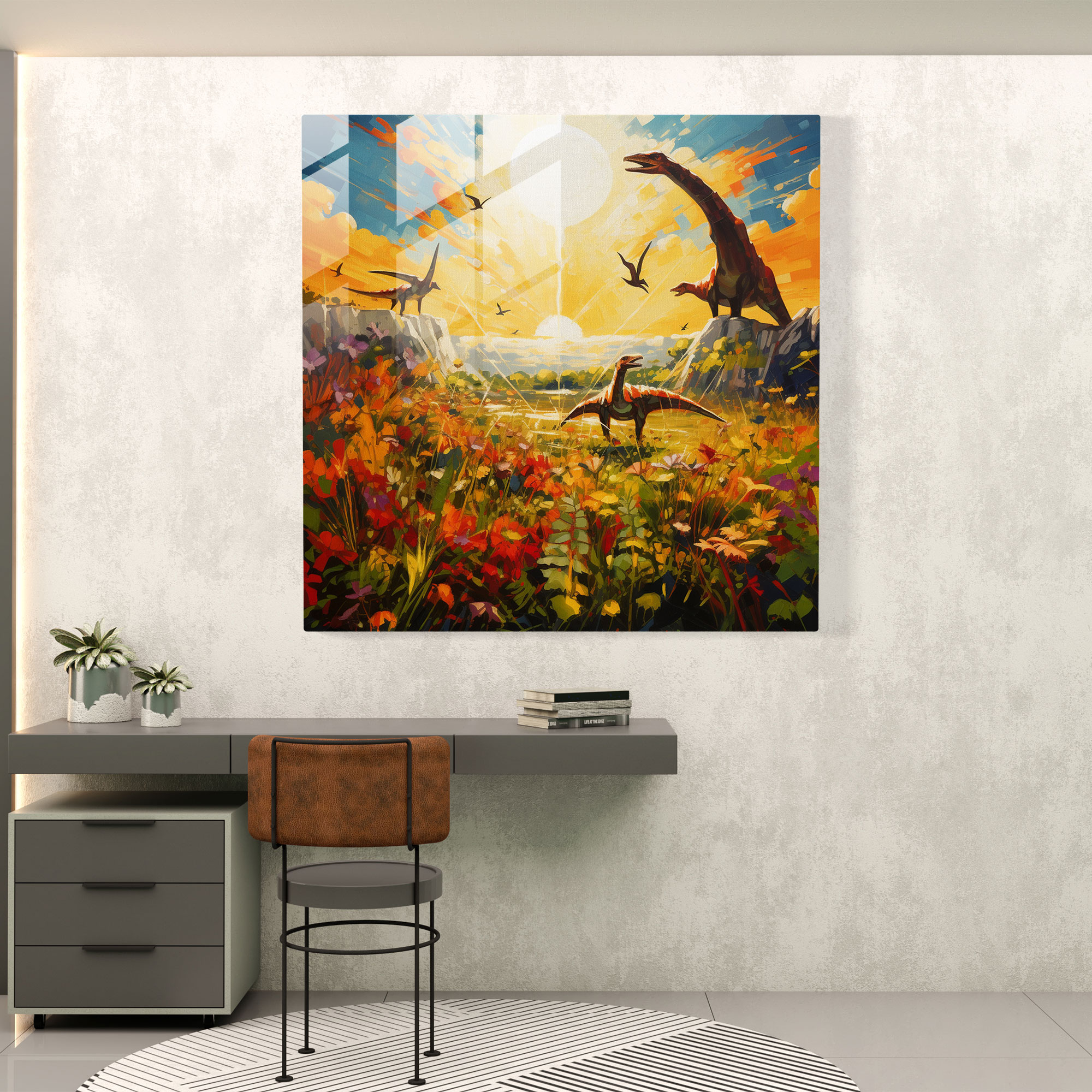 Mesmerizing Glass Print: Dazzling Dinosaur Parade on Modern Artwork