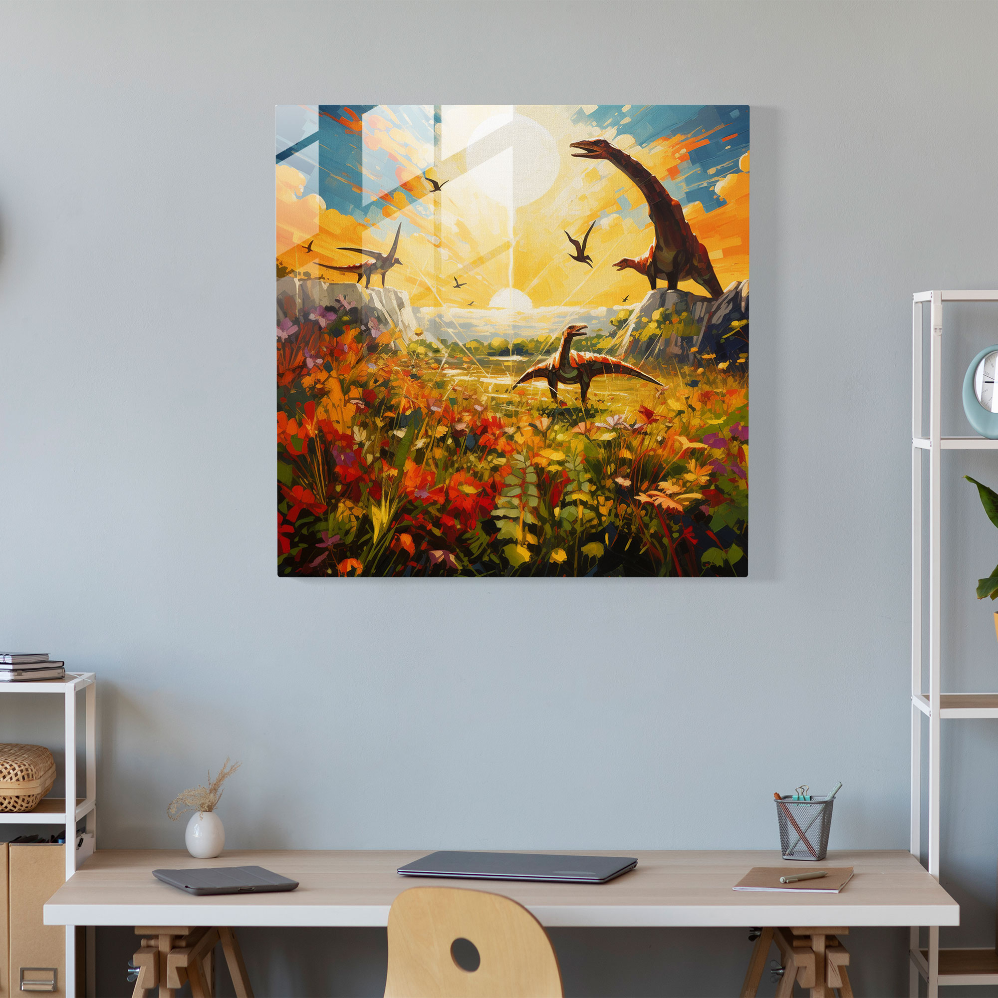 Mesmerizing Glass Print: Dazzling Dinosaur Parade on Modern Artwork