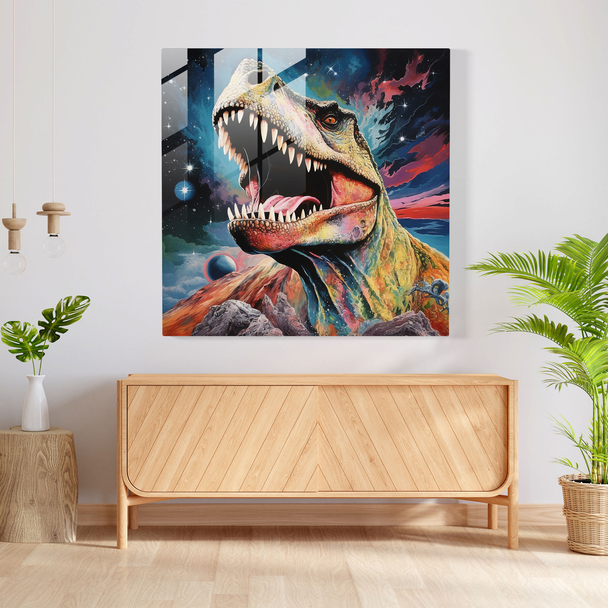 Intricate Glass Print: Majestic T-Rex on Surreal Cosmic Glass Wall Art