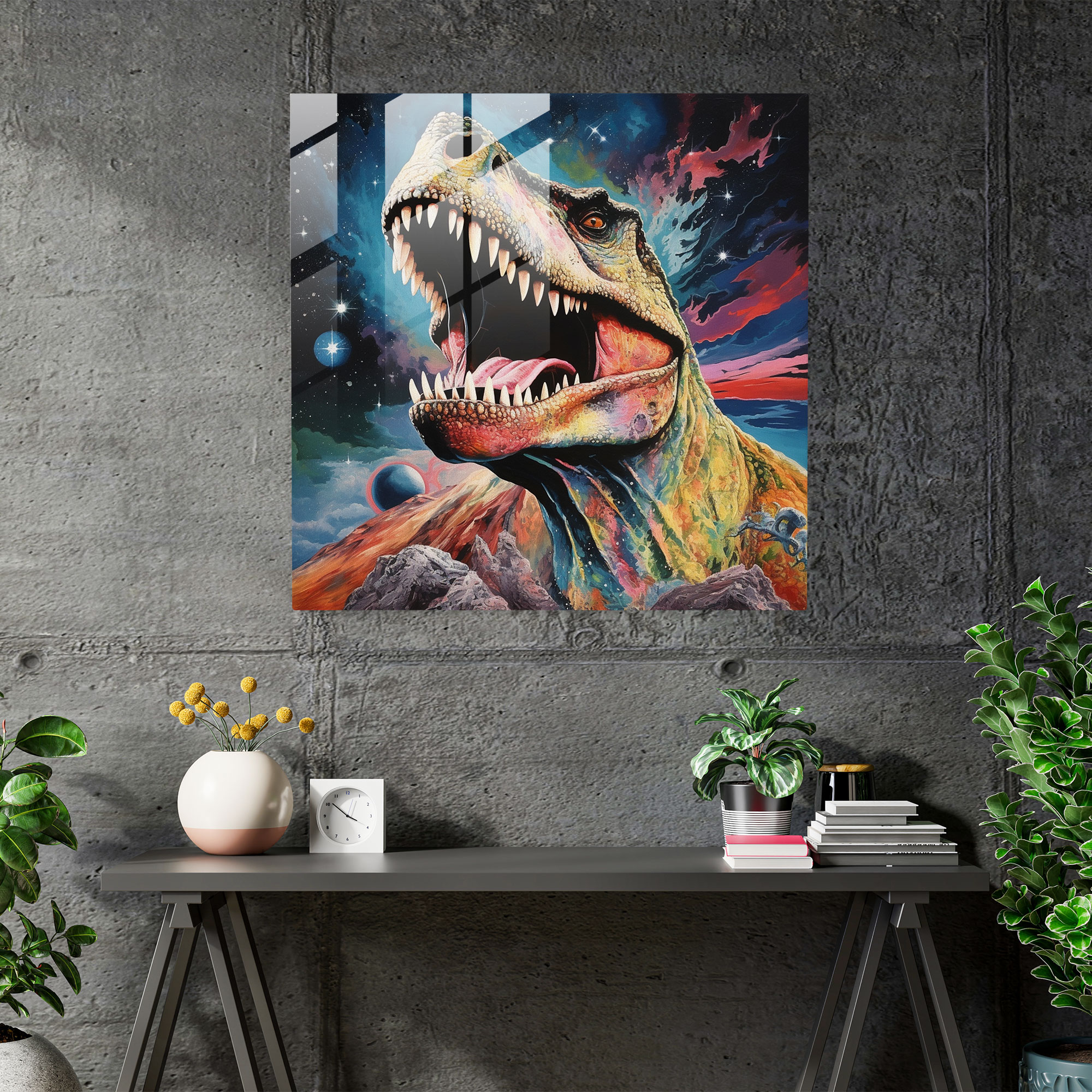 Intricate Glass Print: Majestic T-Rex on Surreal Cosmic Glass Wall Art