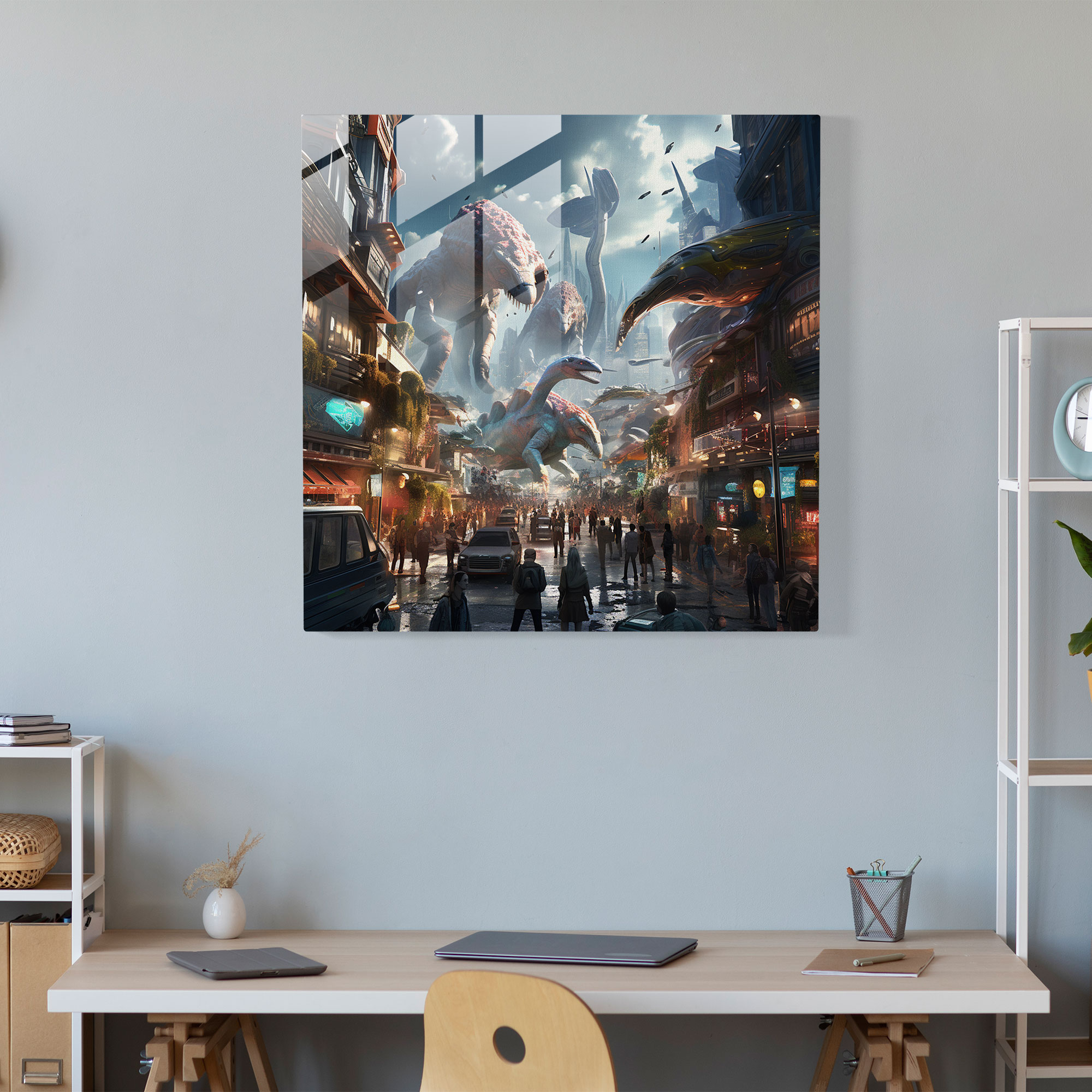 Faszinierendes Glasbild: Roboter-Dinosaurier-Stadt auf futuristischem Glaswandkunstwerk