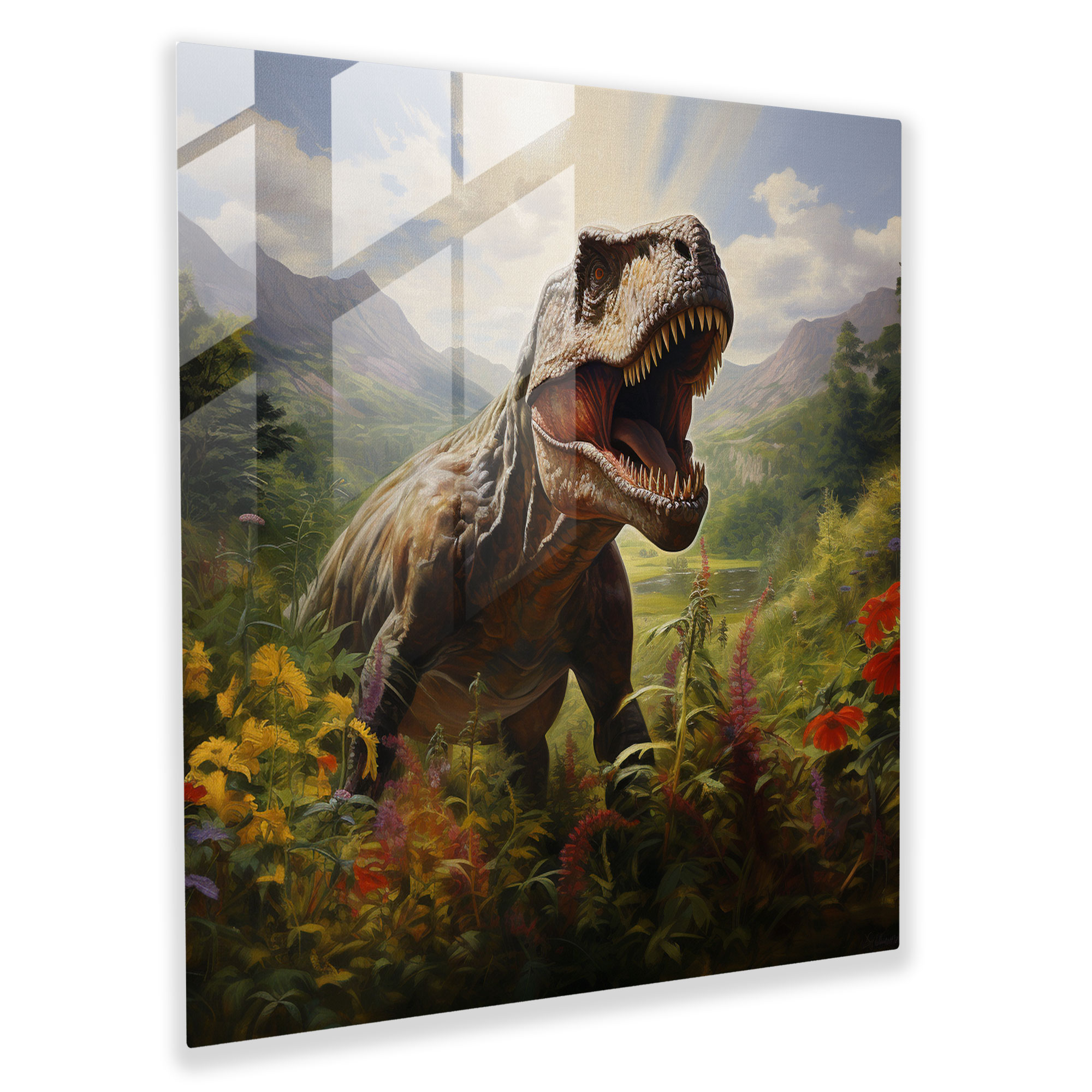 Striking Glass Print: Majestic T-Rex in Realistic Oil Painting Glass Wall Art