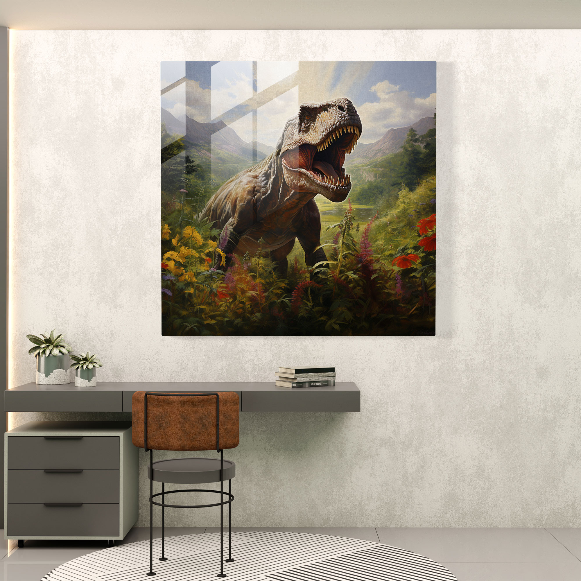 Striking Glass Print: Majestic T-Rex in Realistic Oil Painting Glass Wall Art
