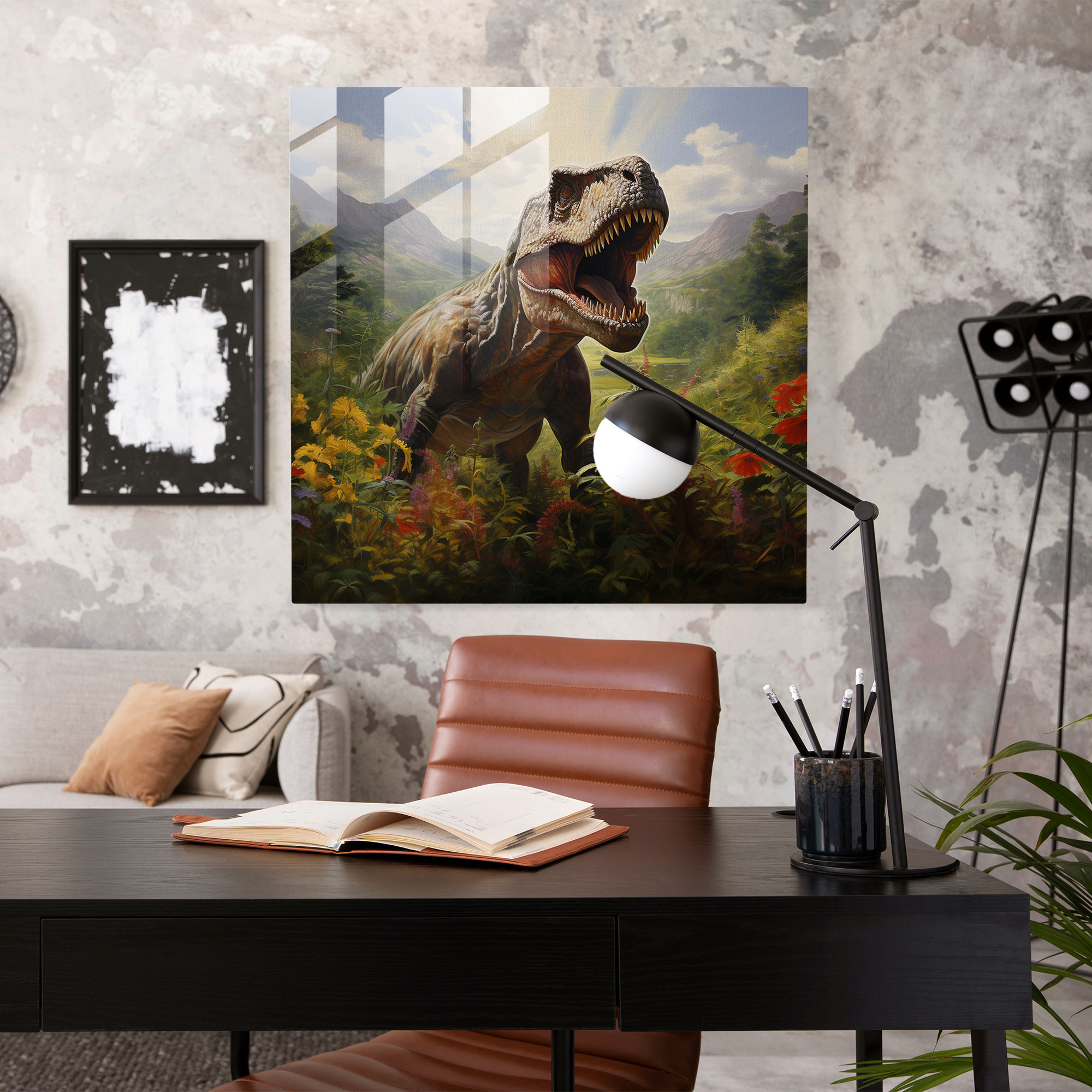 Striking Glass Print: Majestic T-Rex in Realistic Oil Painting Glass Wall Art