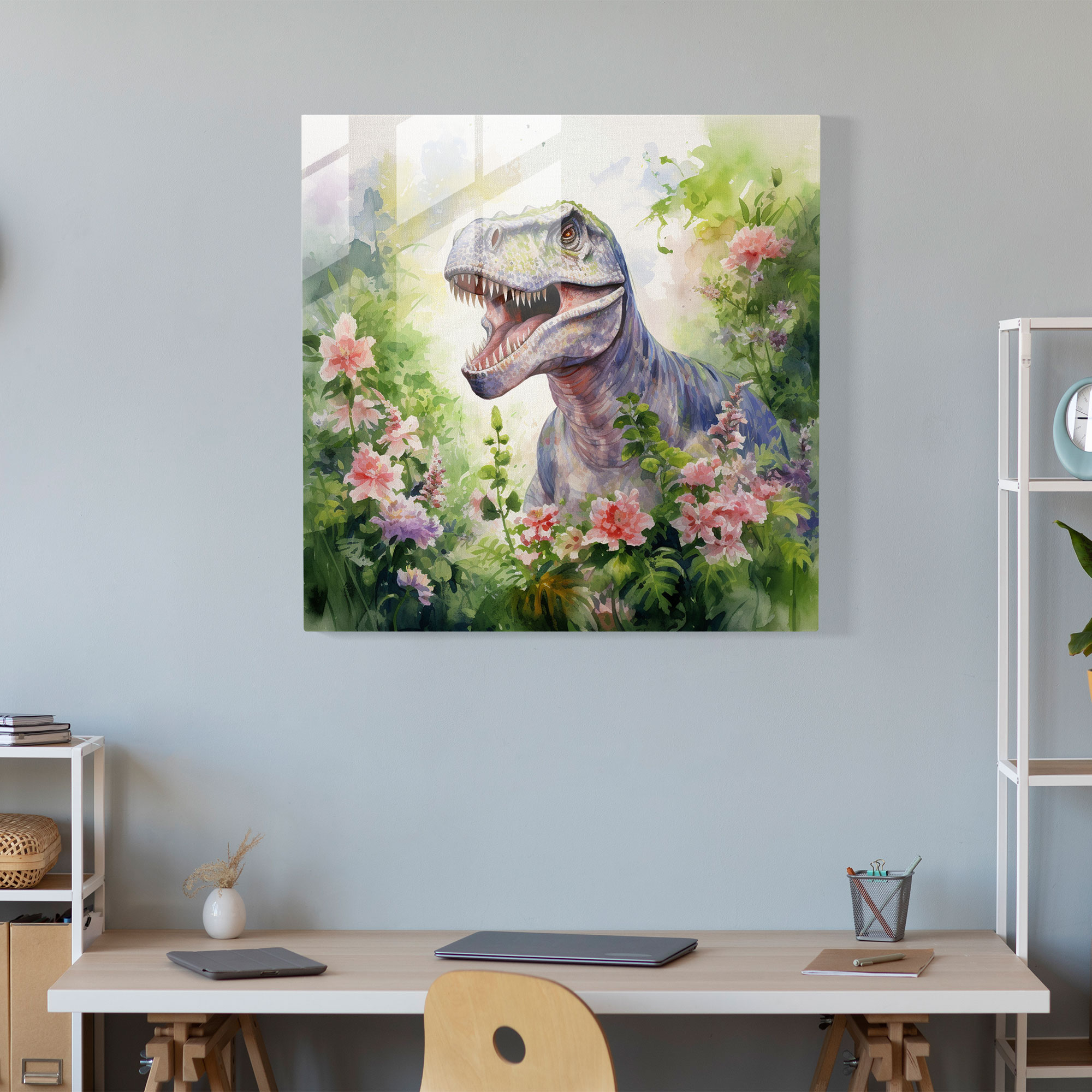 Glasbild: Zarter Pflanzen fressender Dinosaurier auf Aquarellglas Wandkunst
