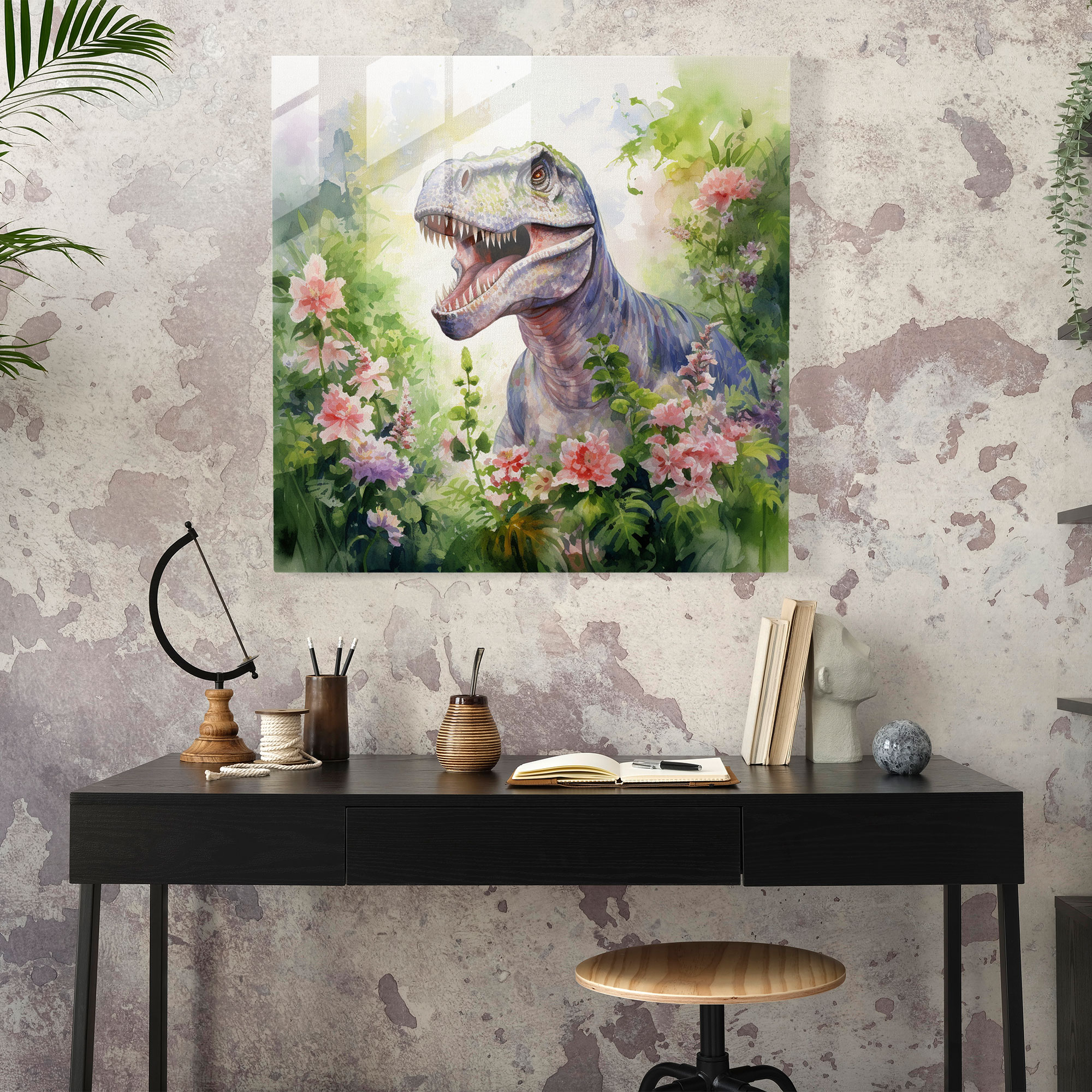 Glasbild: Zarter Pflanzen fressender Dinosaurier auf Aquarellglas Wandkunst