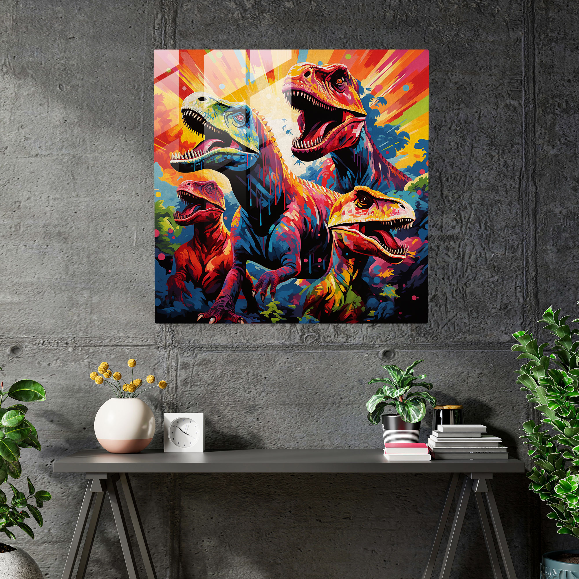 Faszinierendes Glasbild: Vielfarbene Pop-Art Dinosaurier auf Glaswandkunst
