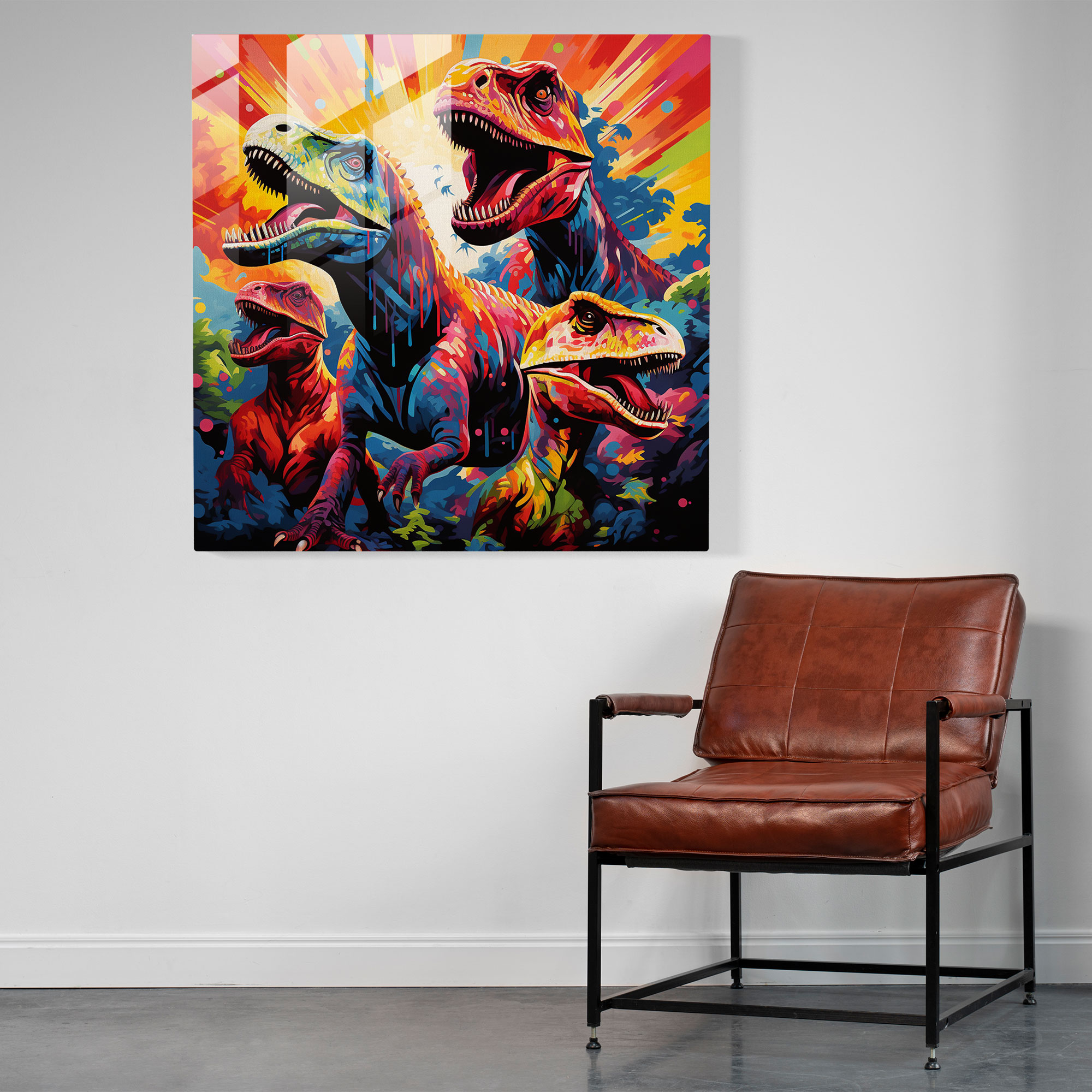 Faszinierendes Glasbild: Vielfarbene Pop-Art Dinosaurier auf Glaswandkunst