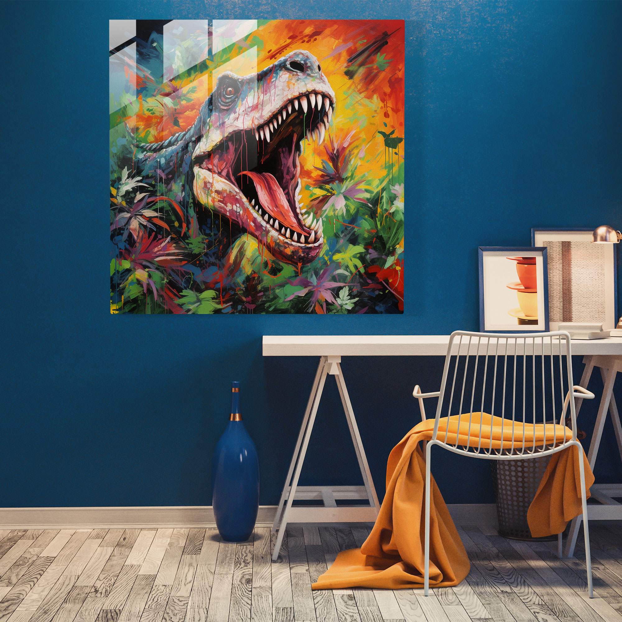 Spectacular Spectrum Glass Print - Abstract Acrylic T-Rex Roaring in Vibrant Jungle - Modern Artwork Glass Wall Art