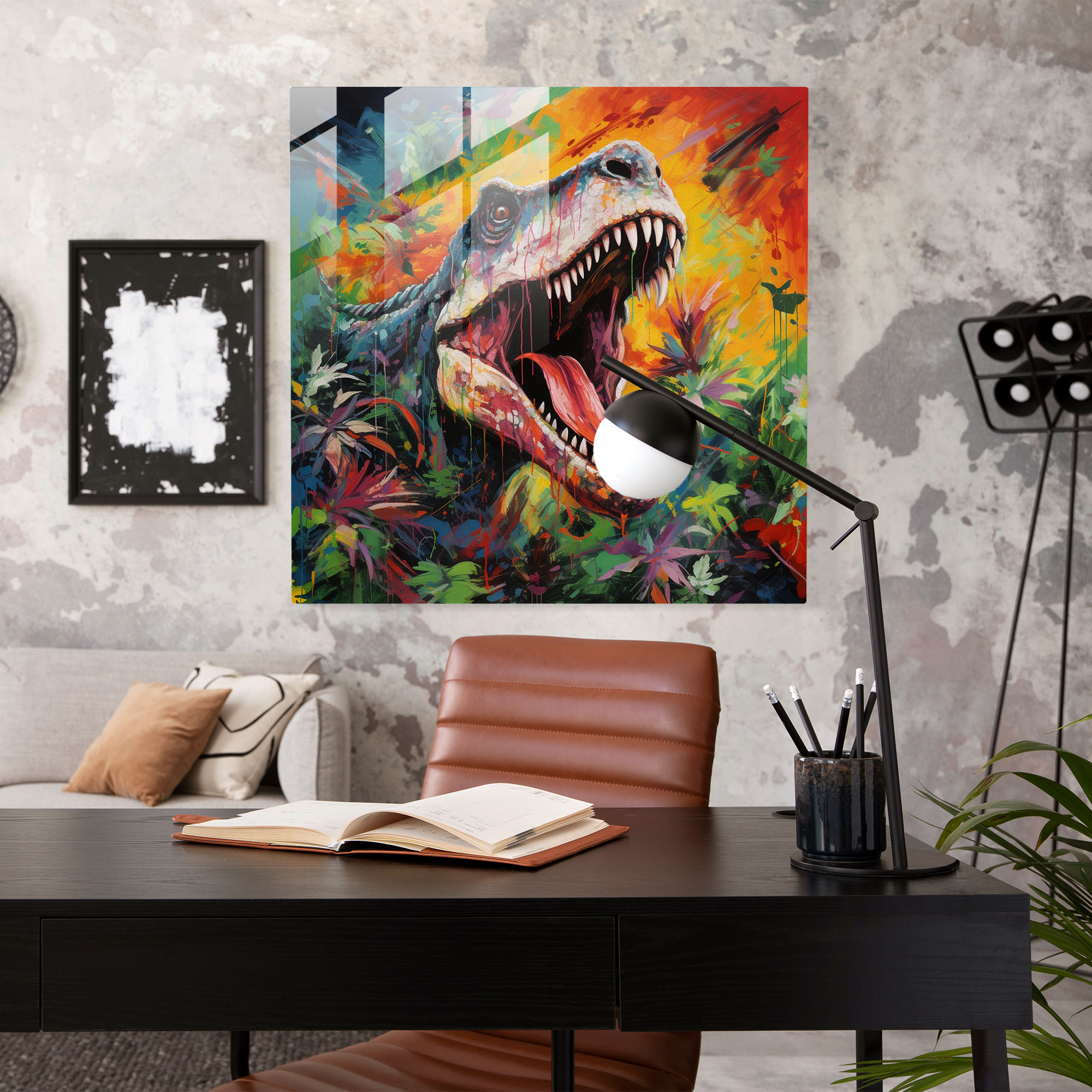 Spectacular Spectrum Glass Print - Abstract Acrylic T-Rex Roaring in Vibrant Jungle - Modern Artwork Glass Wall Art