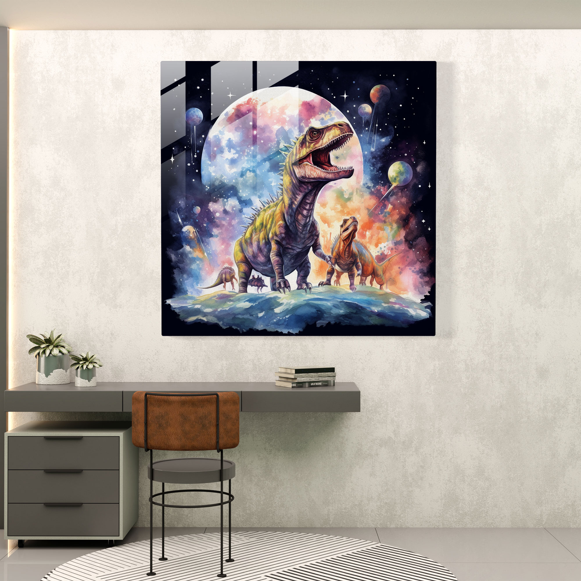 Geheimnisvolles Ewigkeitsglasbild - Surreale Aquarell-Dinosaurier auf kosmischer Abenteuerreise - Glaswandkunst Dekor