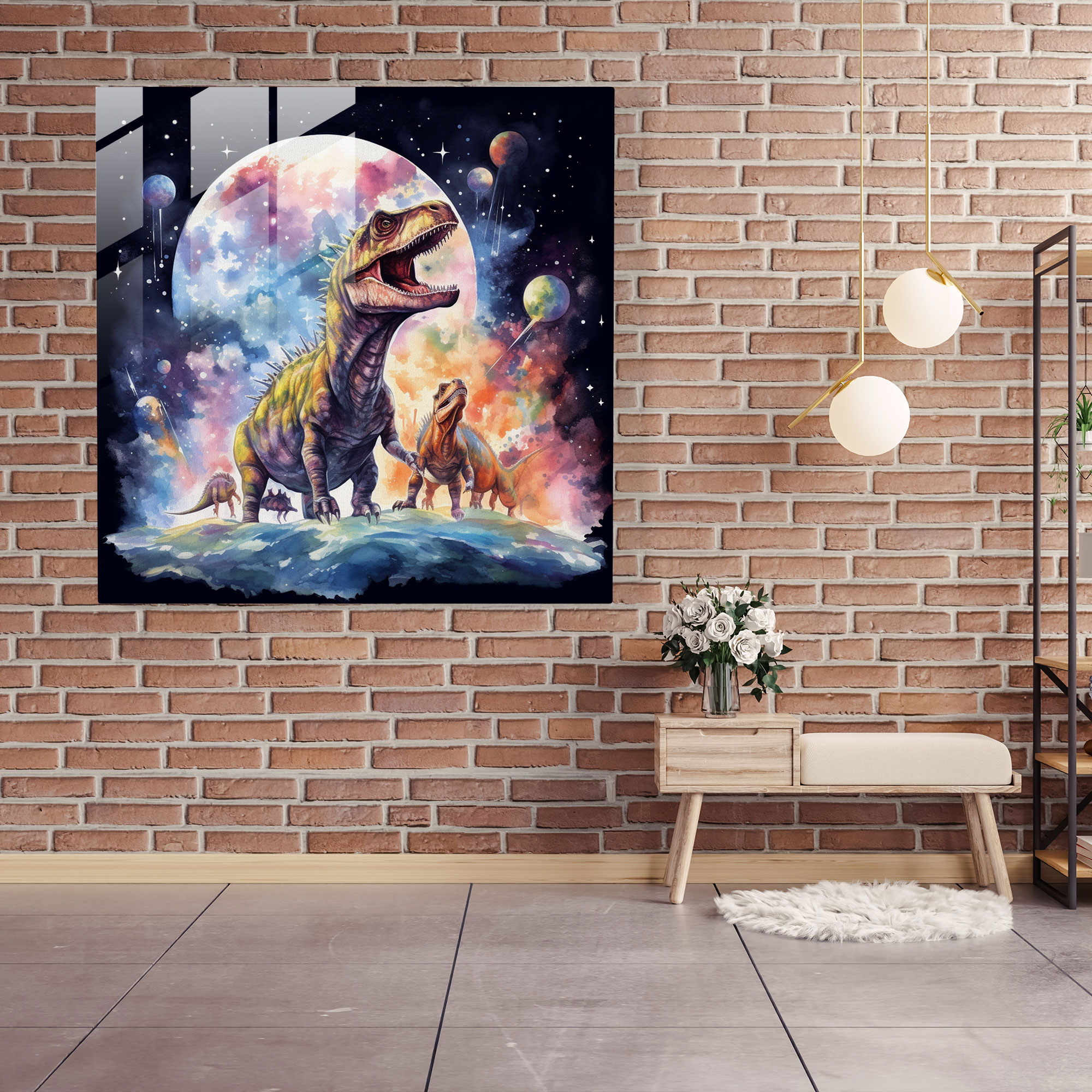 Geheimnisvolles Ewigkeitsglasbild - Surreale Aquarell-Dinosaurier auf kosmischer Abenteuerreise - Glaswandkunst Dekor