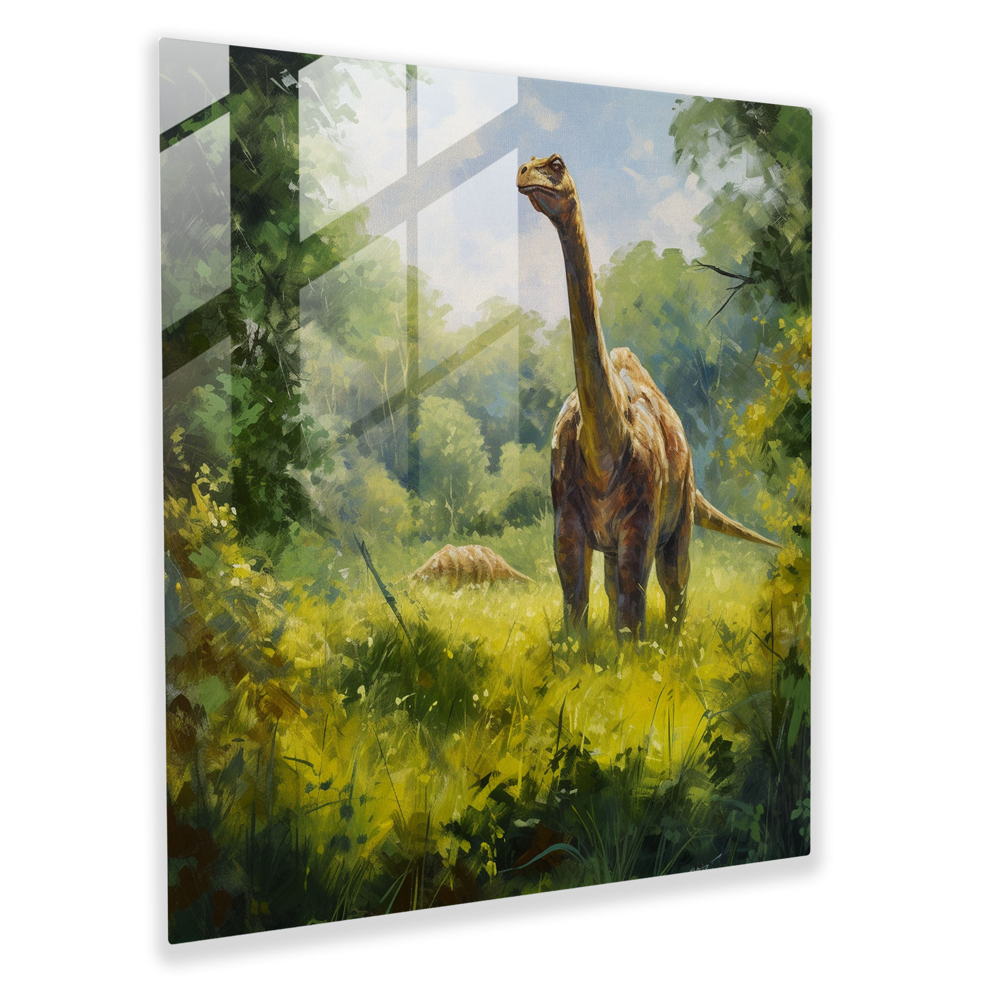 Majestic Melodies Glass Print - Impressionist Oil Painting of Brachiosaurus in Lush Green Field - Wall Decor Art