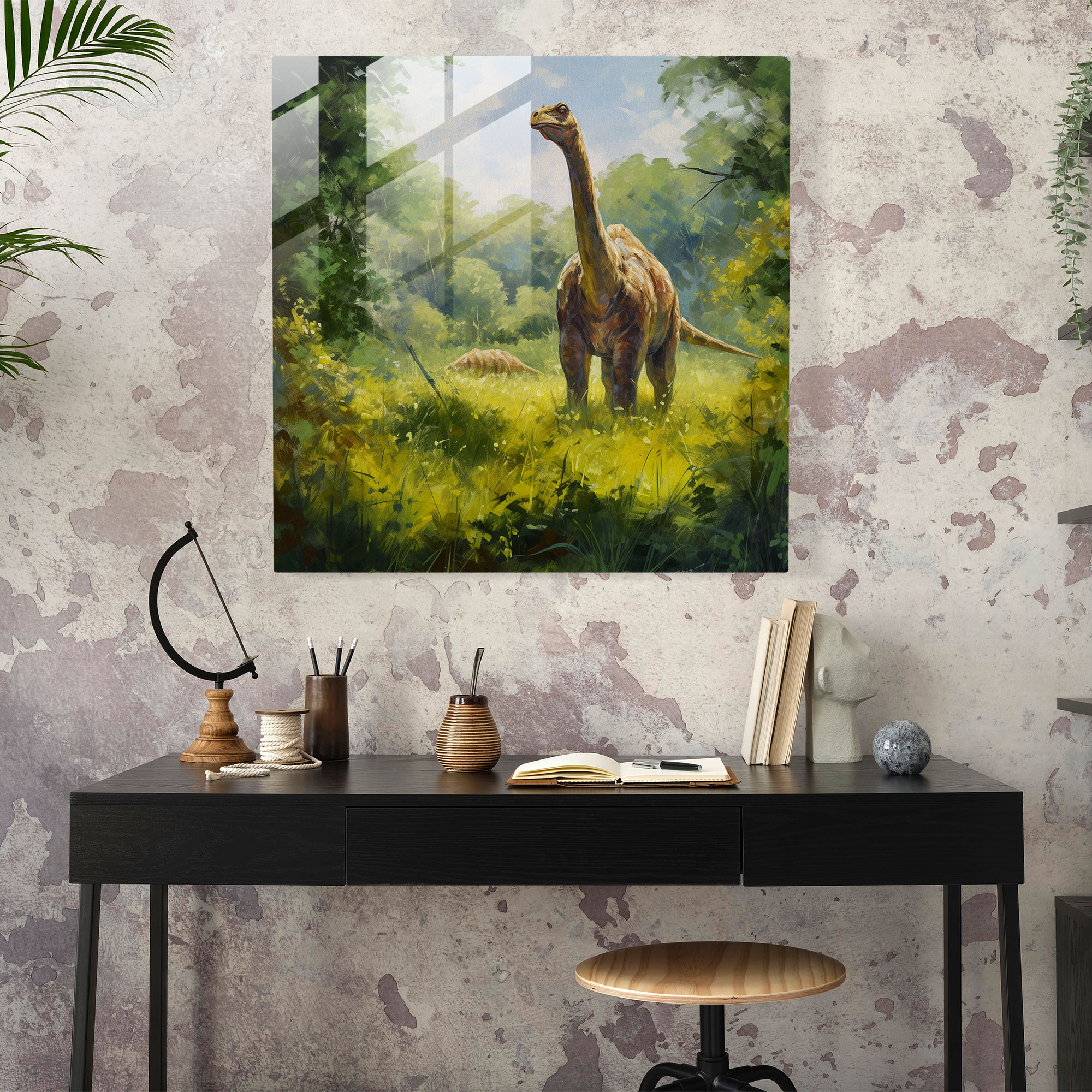 Majestic Melodies Glass Print - Impressionist Oil Painting of Brachiosaurus in Lush Green Field - Wall Decor Art