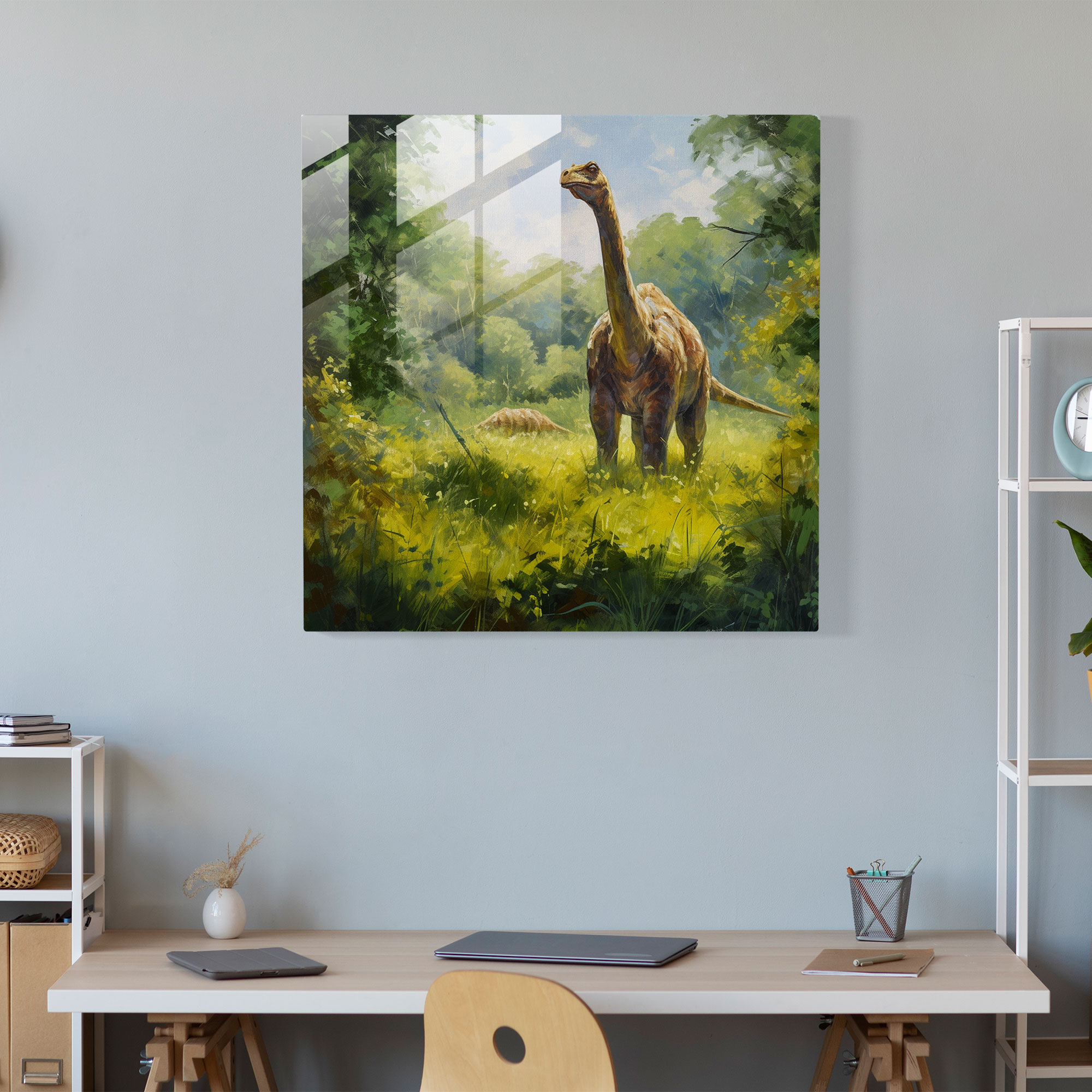 Majestic Melodies Glass Print - Impressionist Oil Painting of Brachiosaurus in Lush Green Field - Wall Decor Art
