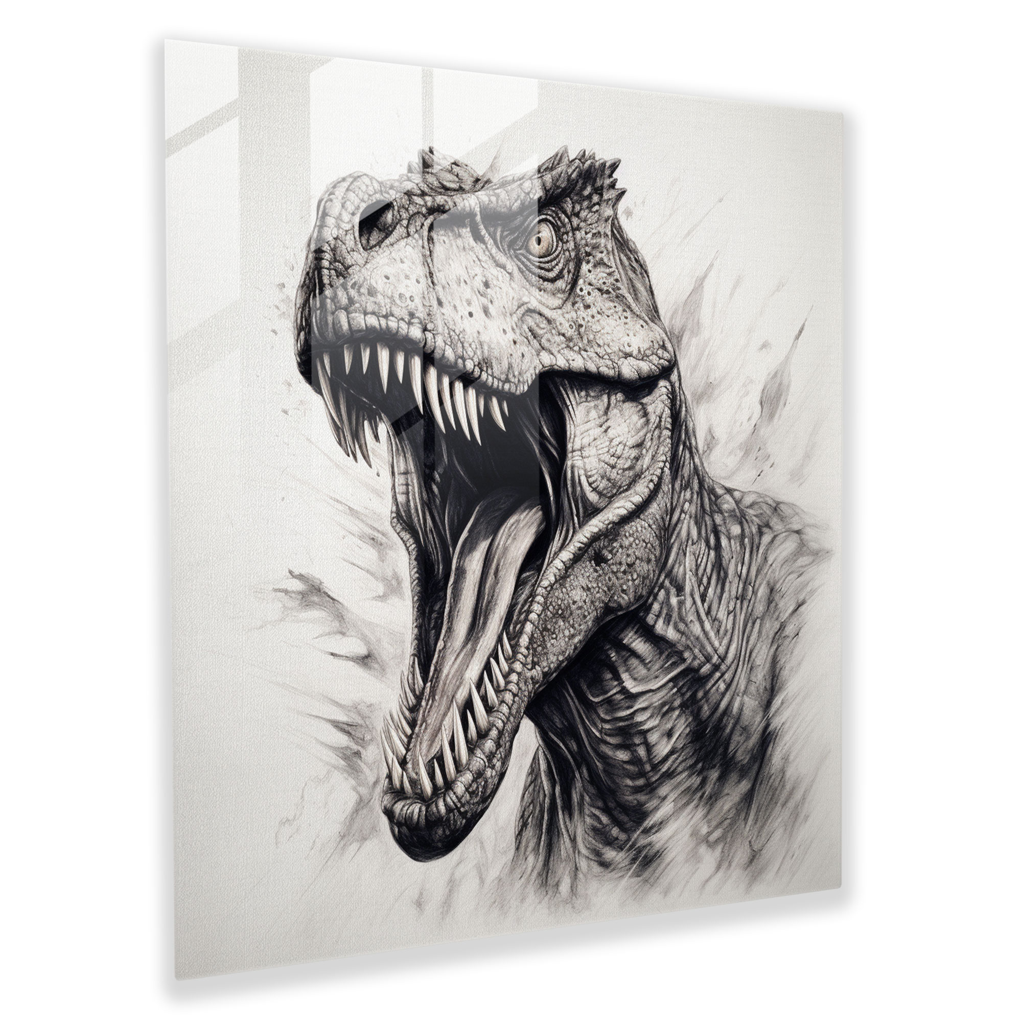 Dynamic Dominance Glass Print - Realistic Pencil Sketch of Fierce Tyrannosaurus Rex - Glass Wall Art Decor