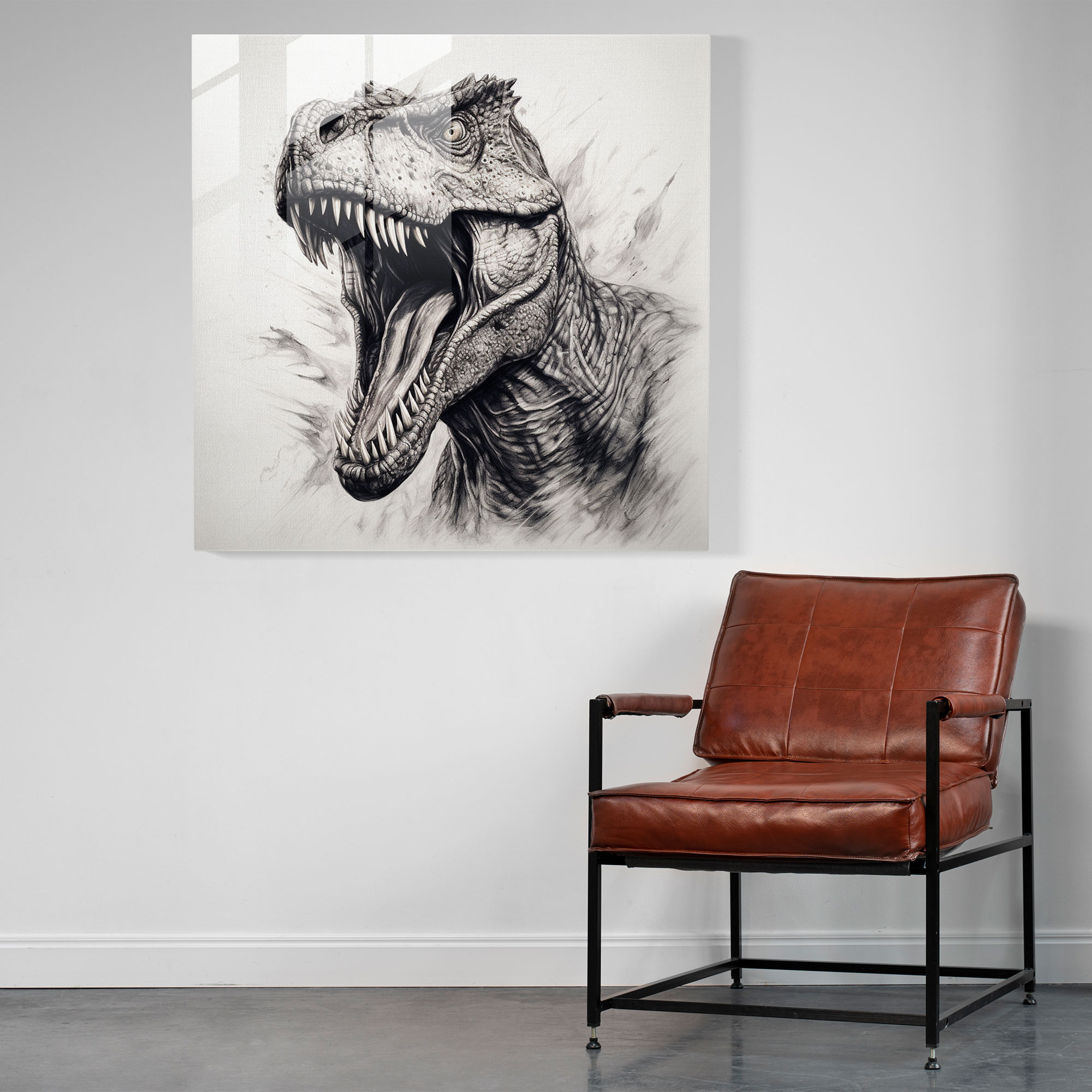 Dynamic Dominance Glass Print - Realistic Pencil Sketch of Fierce Tyrannosaurus Rex - Glass Wall Art Decor