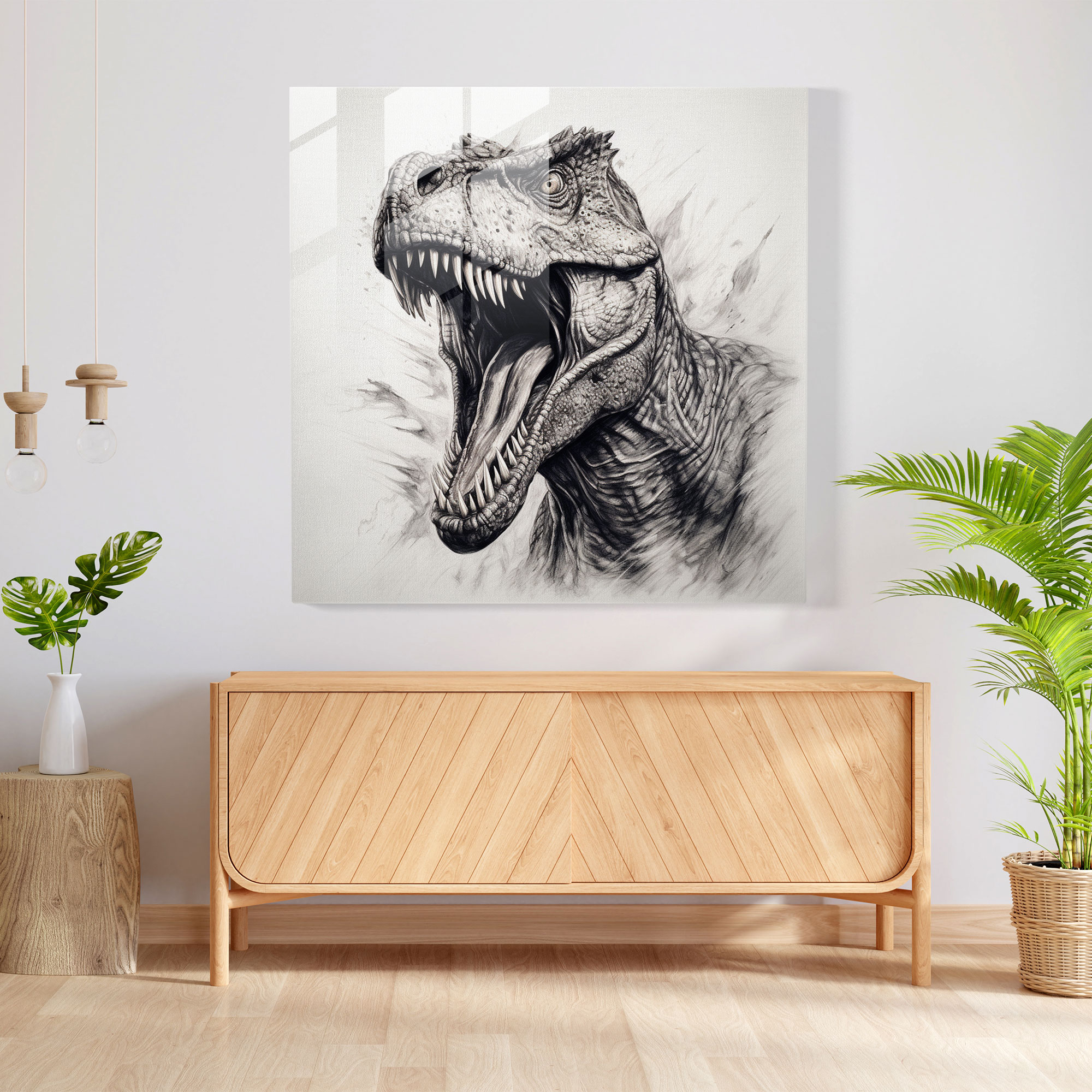 Dynamic Dominance Glass Print - Realistic Pencil Sketch of Fierce Tyrannosaurus Rex - Glass Wall Art Decor