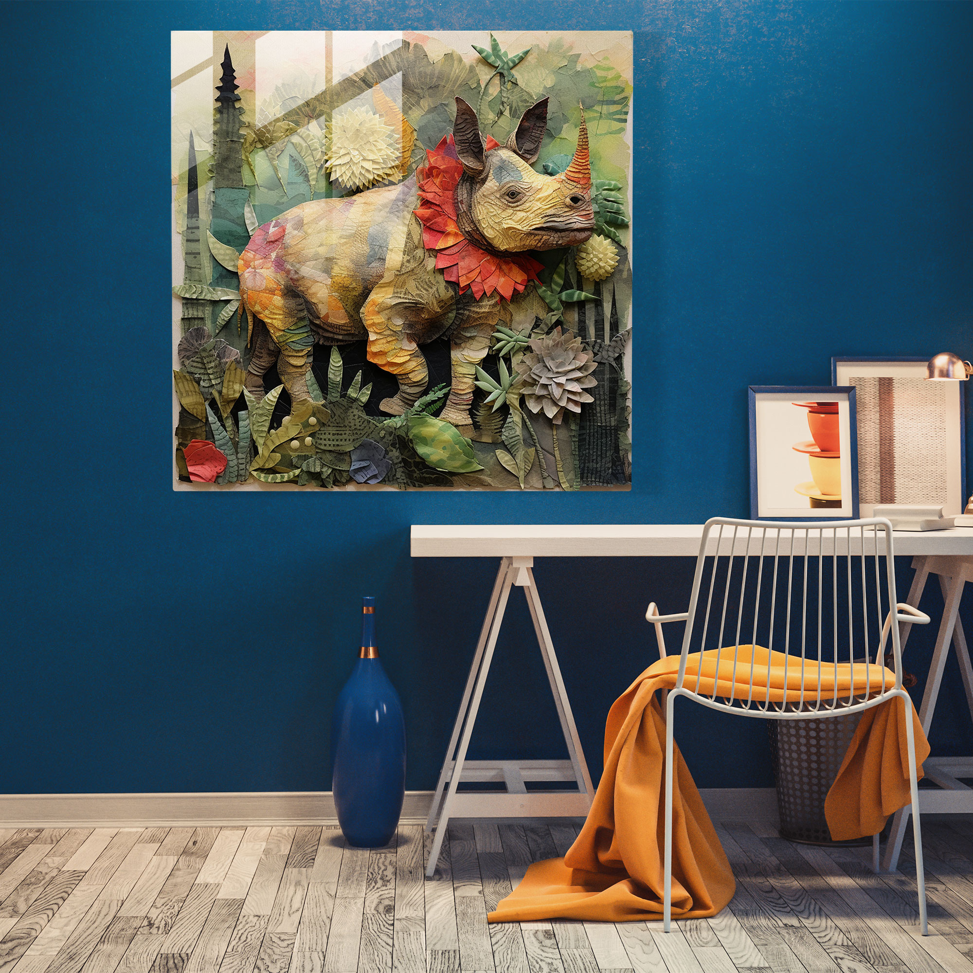 Whimsical Wonder Glass Print - Mixed Media Collage of Playful Triceratops in Lush Forest - Wall Decor Art