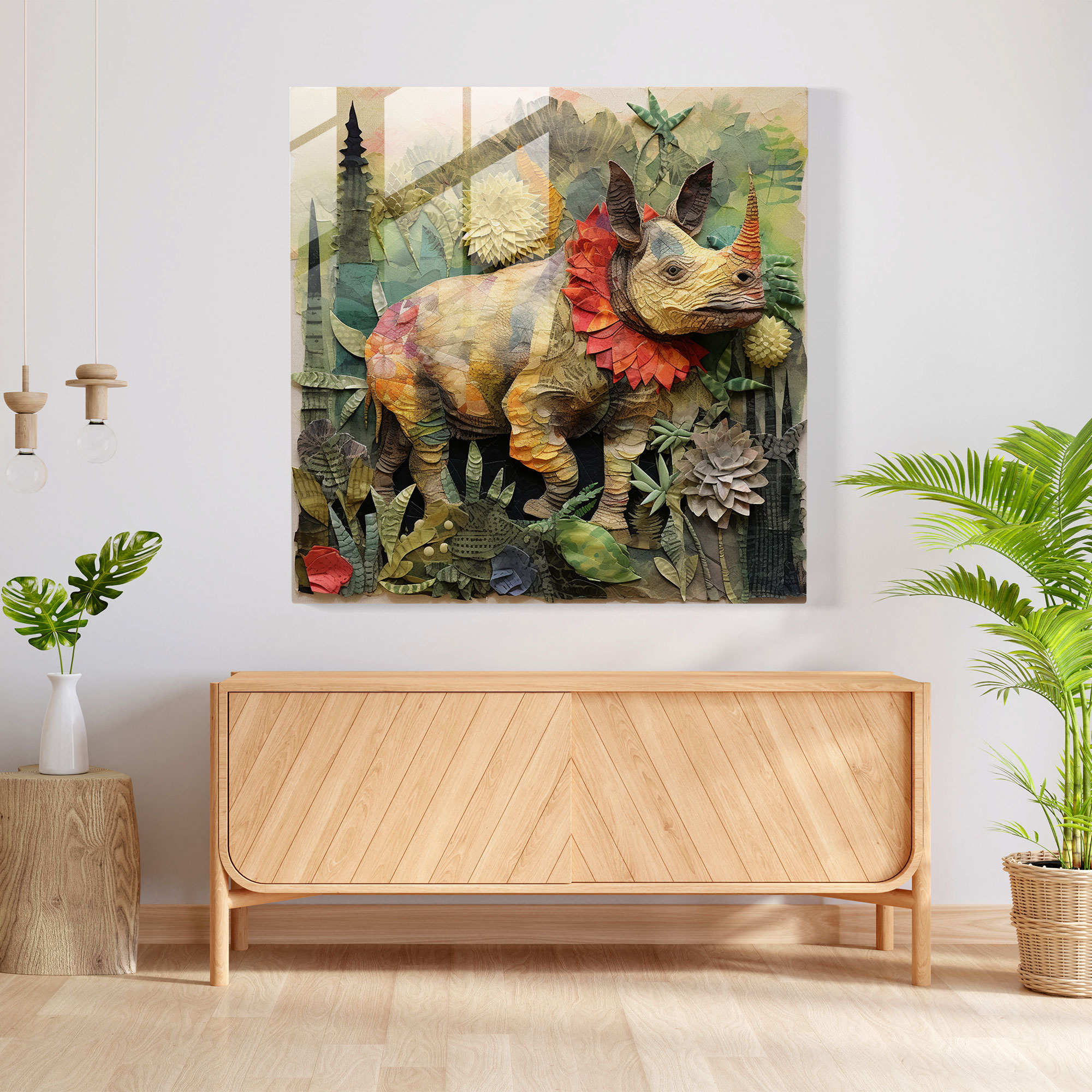 Whimsical Wonder Glass Print - Mixed Media Collage of Playful Triceratops in Lush Forest - Wall Decor Art