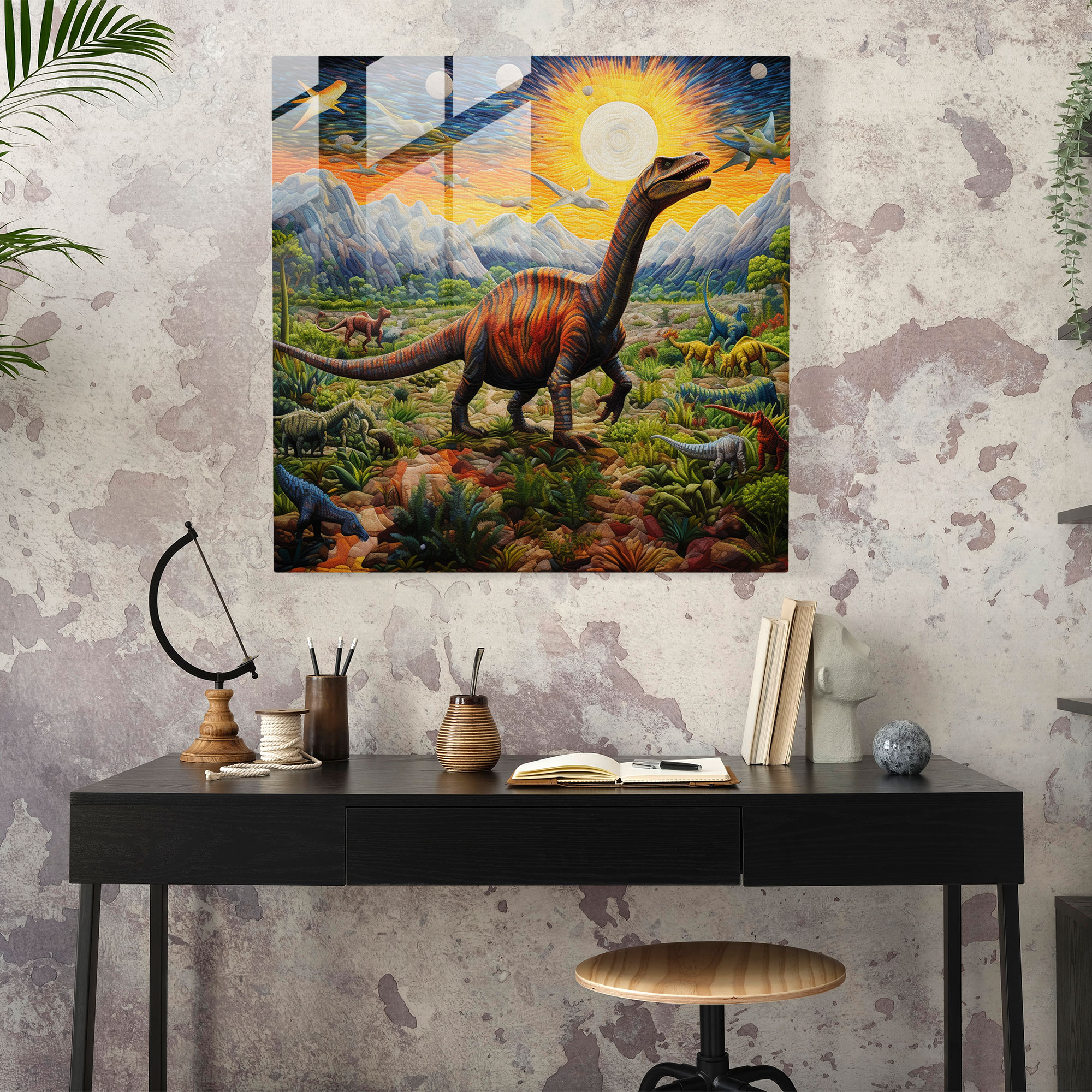 Prehistoric Panorama Glass Print - Pointillism Masterpiece of Detailed Dinosaur Landscape - Glass Wall Art Decor
