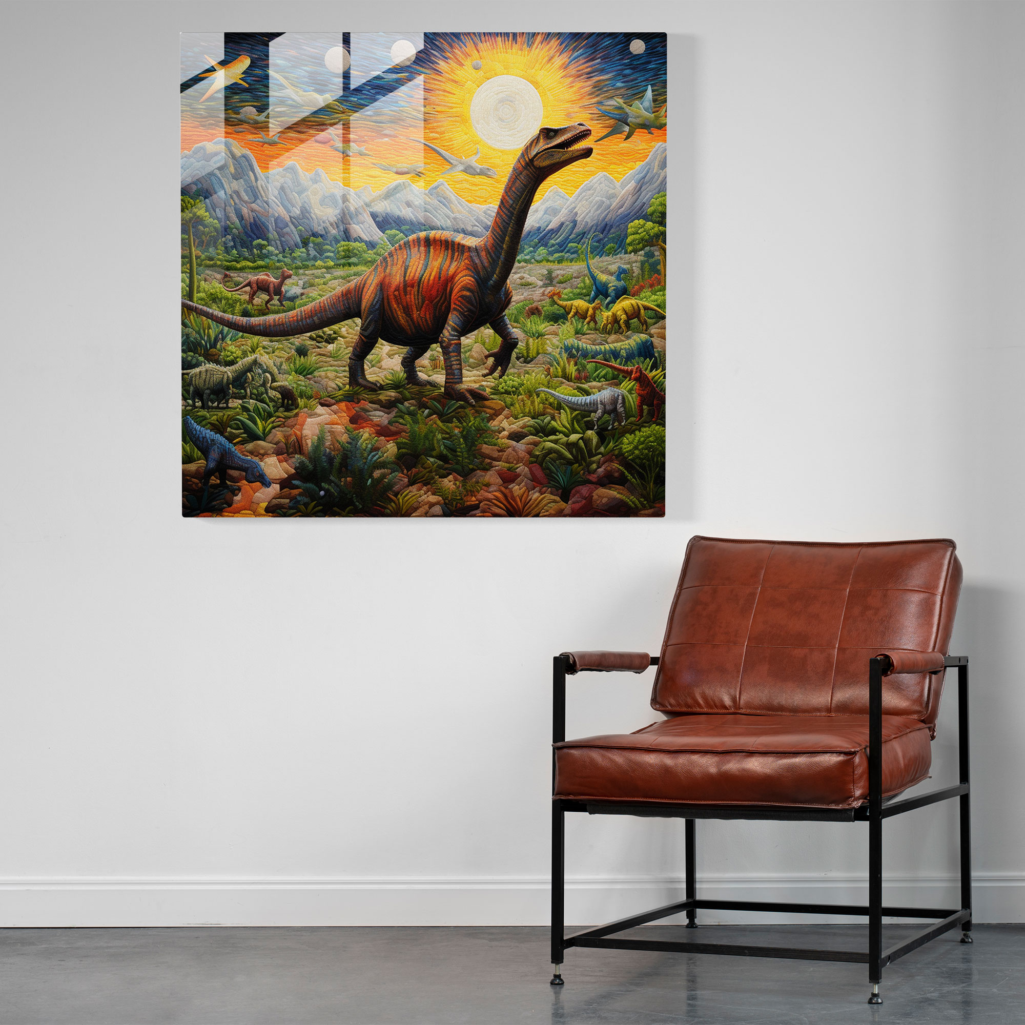 Prehistoric Panorama Glass Print - Pointillism Masterpiece of Detailed Dinosaur Landscape - Glass Wall Art Decor