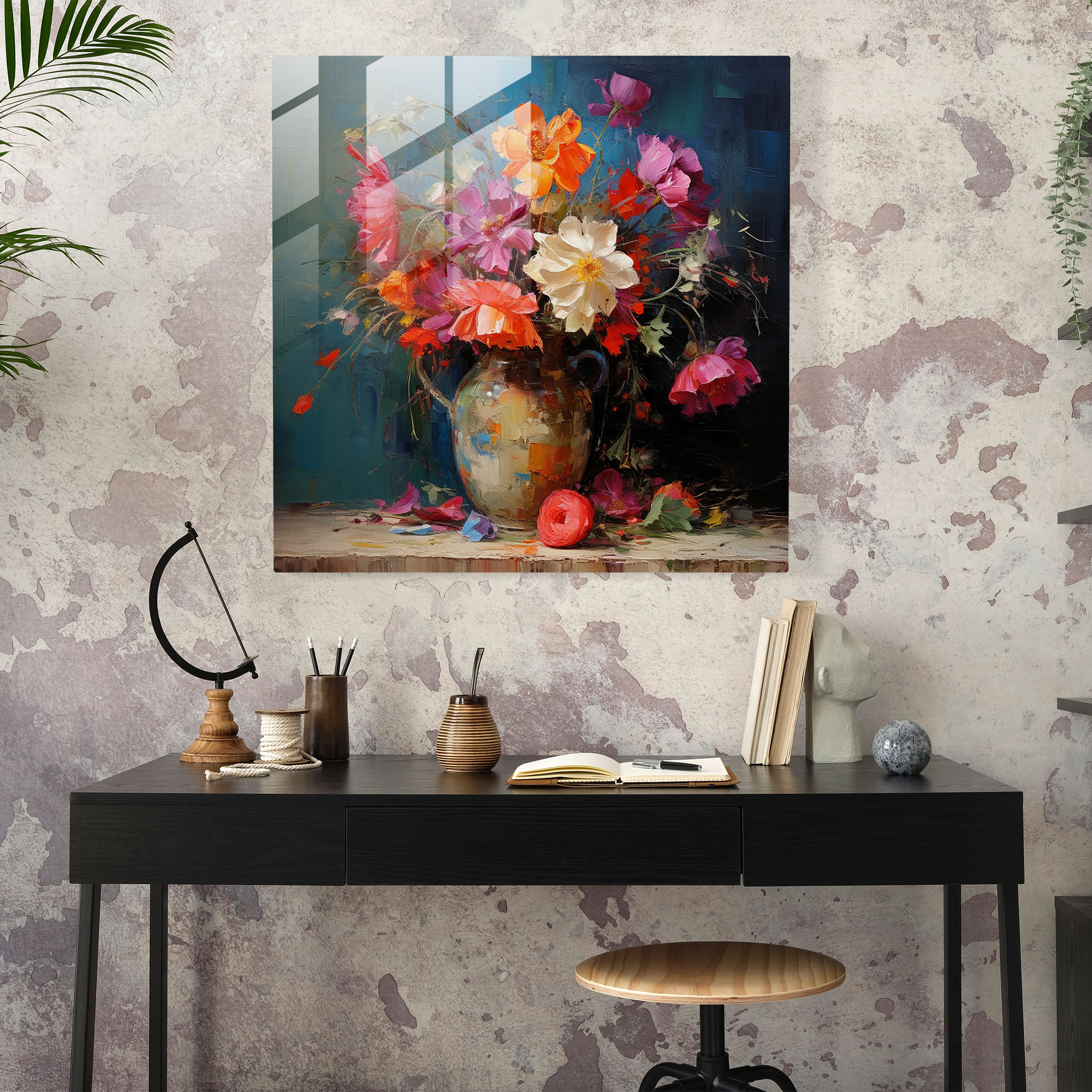 Dope Retro Blooms Glasbild - Moderne Wanddekoration mit Stillleben-Arrangement