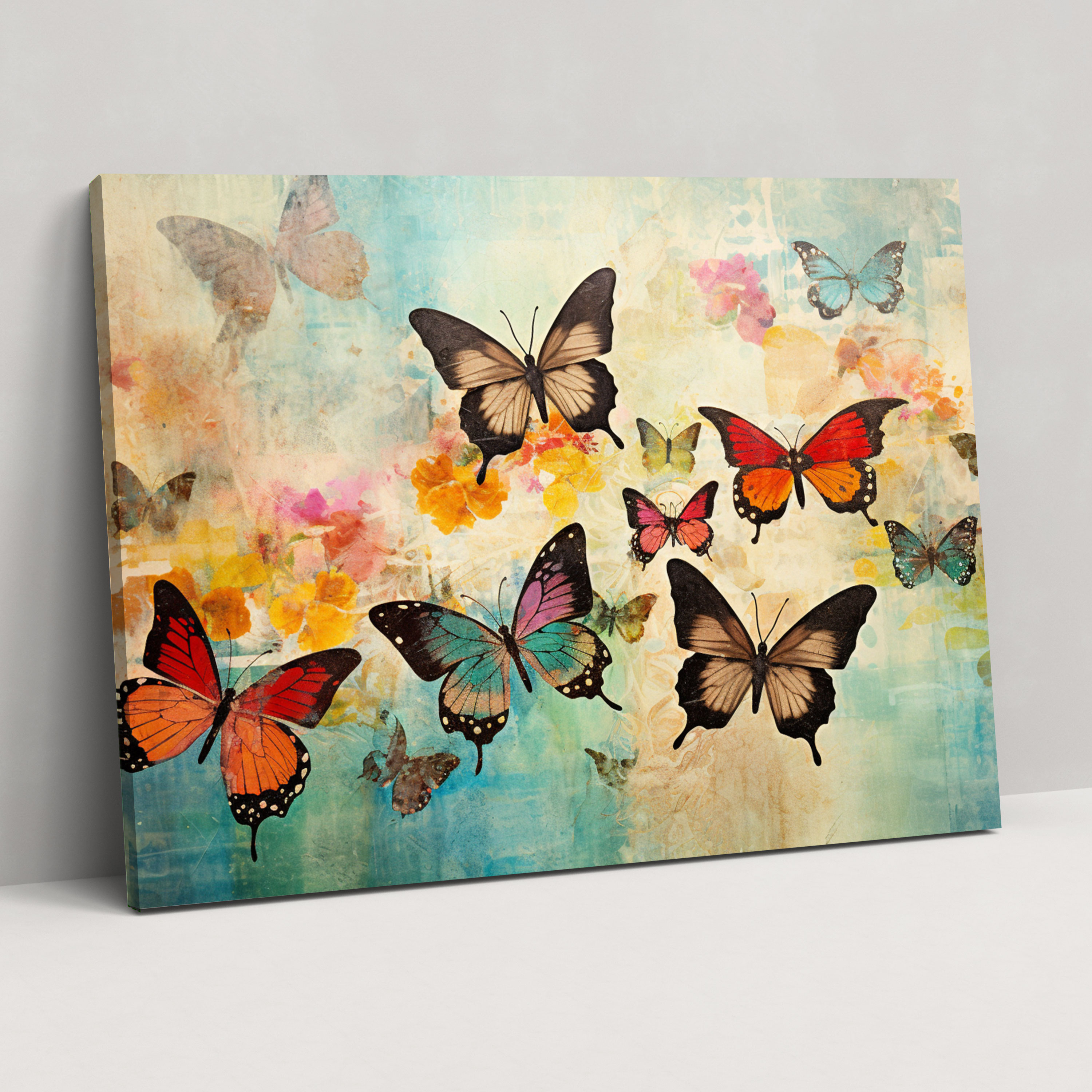 Butterflies Wall Decoration - Dried Butterflies, Canvas, Mixed Media Collage, Canvas Wall Art