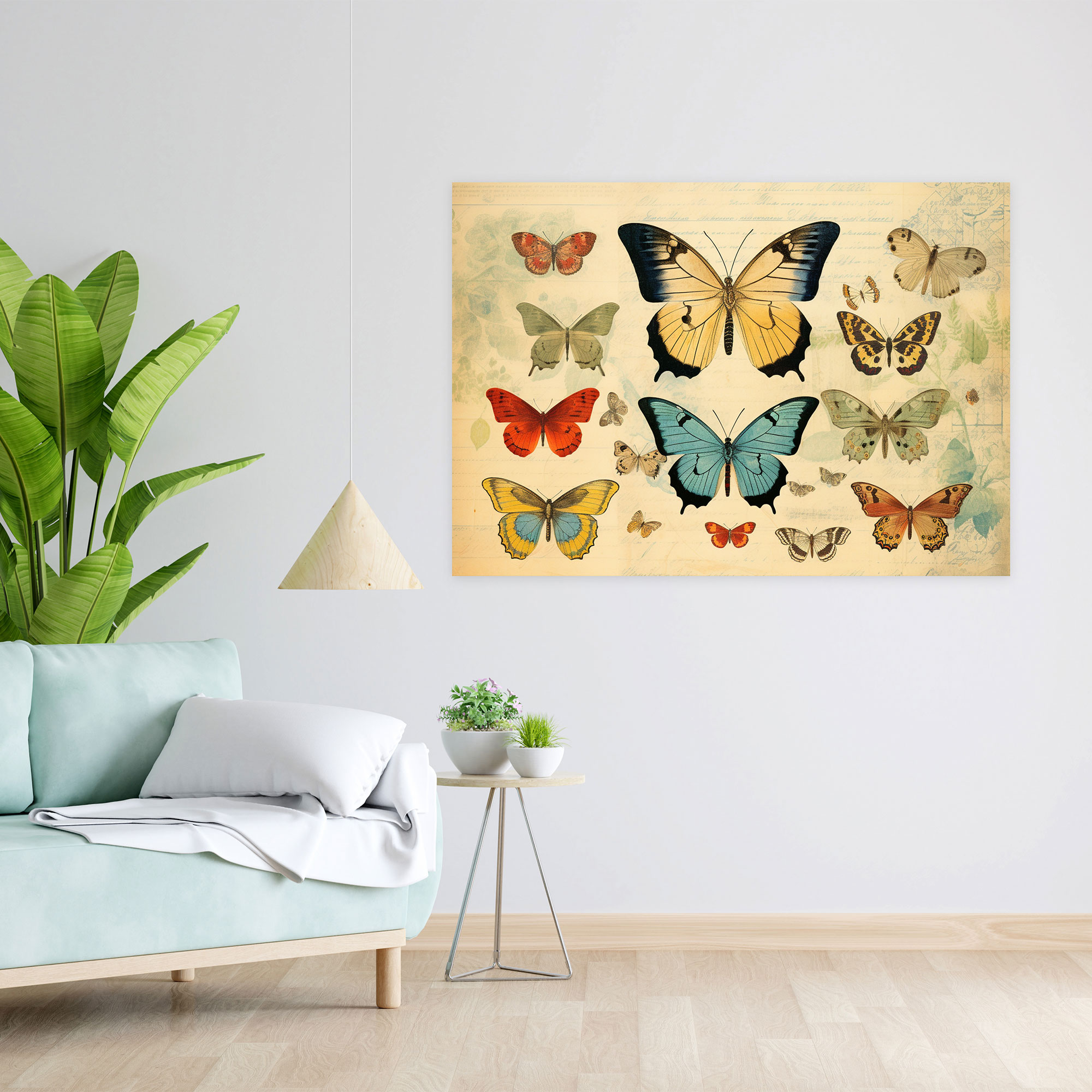Vintage Butterflies Wall Decoration - Dried Butterflies, Butterfly Illustrations, Canvas, Antique Effect