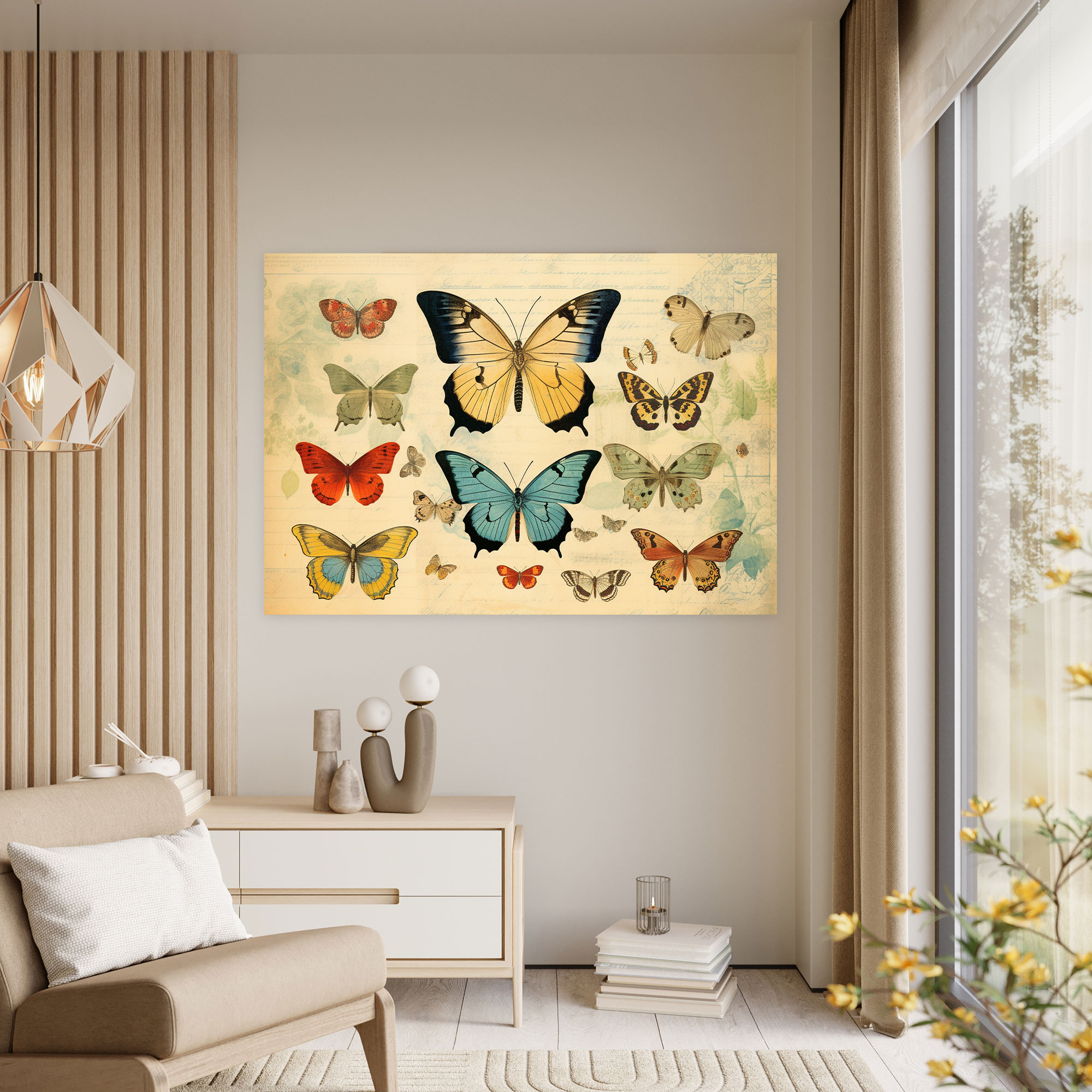 Vintage Butterflies Wall Decoration - Dried Butterflies, Butterfly Illustrations, Canvas, Antique Effect